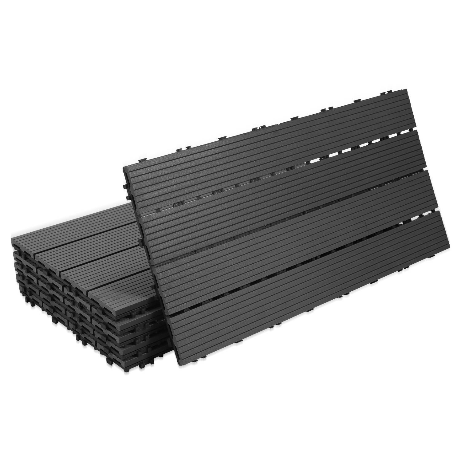 Stapel schwarzer verschlungener Bodenfliesen, Seitenansicht mit Textur und Verbindungsdesign, geeignet für Garage oder Werkstattboden.
