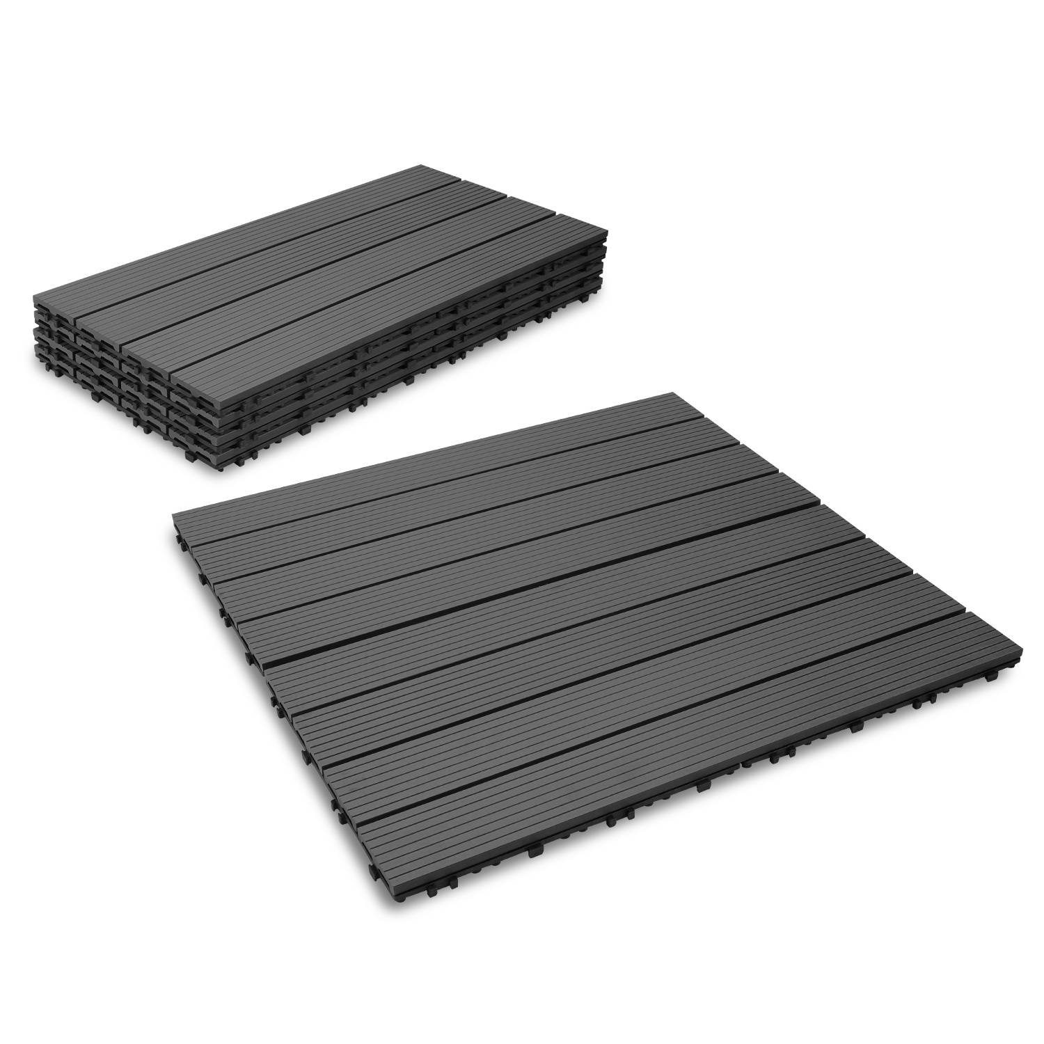 Ein Stapel dunkelgrauer verschlungener Bodenfliesen mit gerillten Oberflächen, in zwei Anordnungen auf weißem Hintergrund dargestellt.