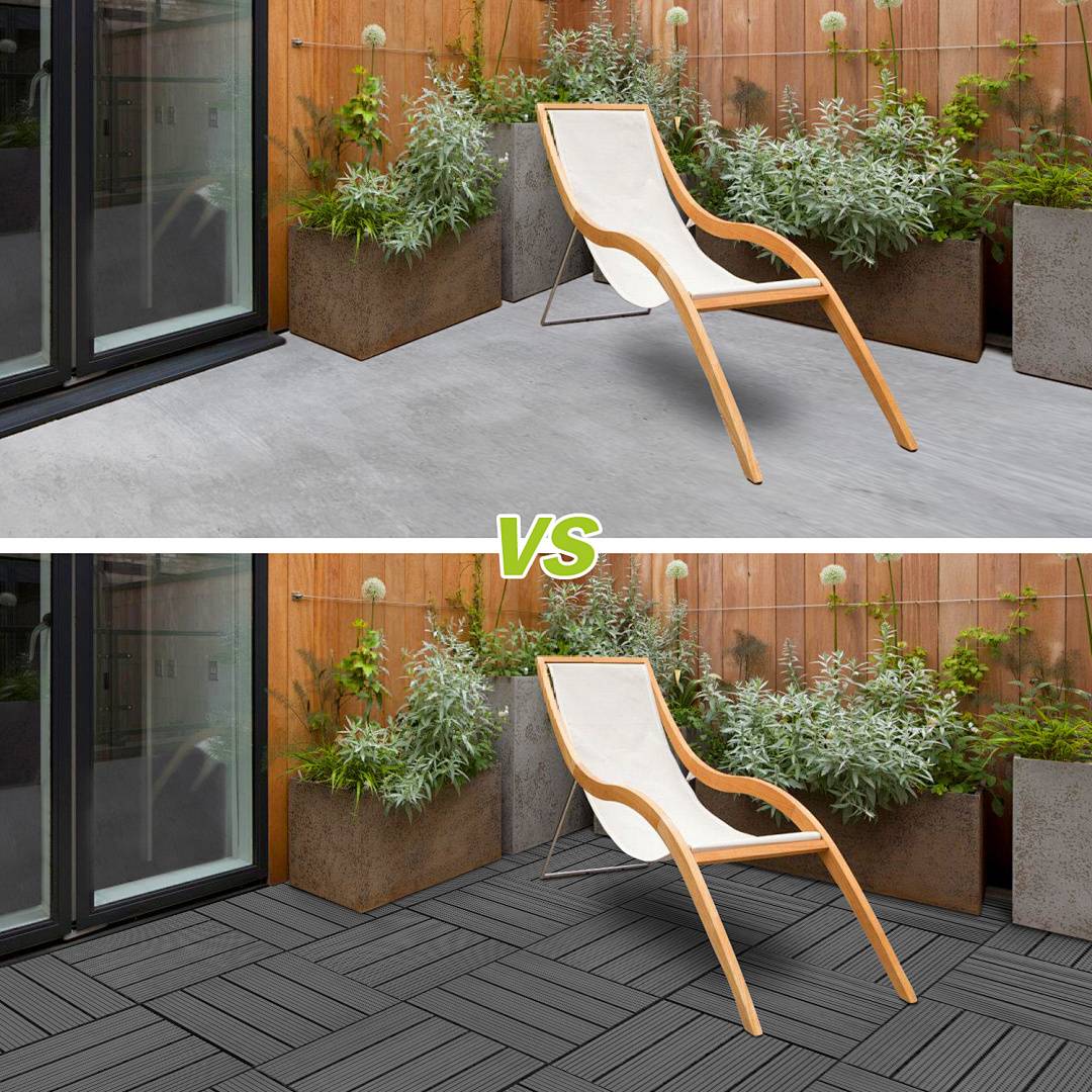 Eine Terrasse mit einem Holzstuhl und Topfpflanzen; oben zeigt sich Beton in Grau, unten zeigen sich ineinandergreifende schwarze Fliesen; „VS