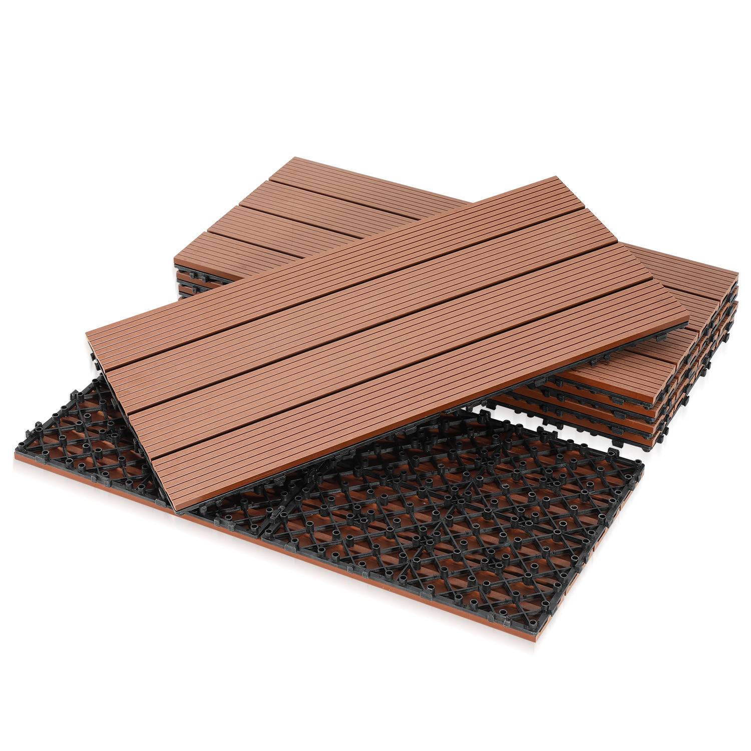 Braune verschlungene Verbundstoff-Bodenfliesen, auf weißem Hintergrund gestapelt, mit glatten holzähnlichen Oberseiten und schwarz strukturierten Unterseiten.