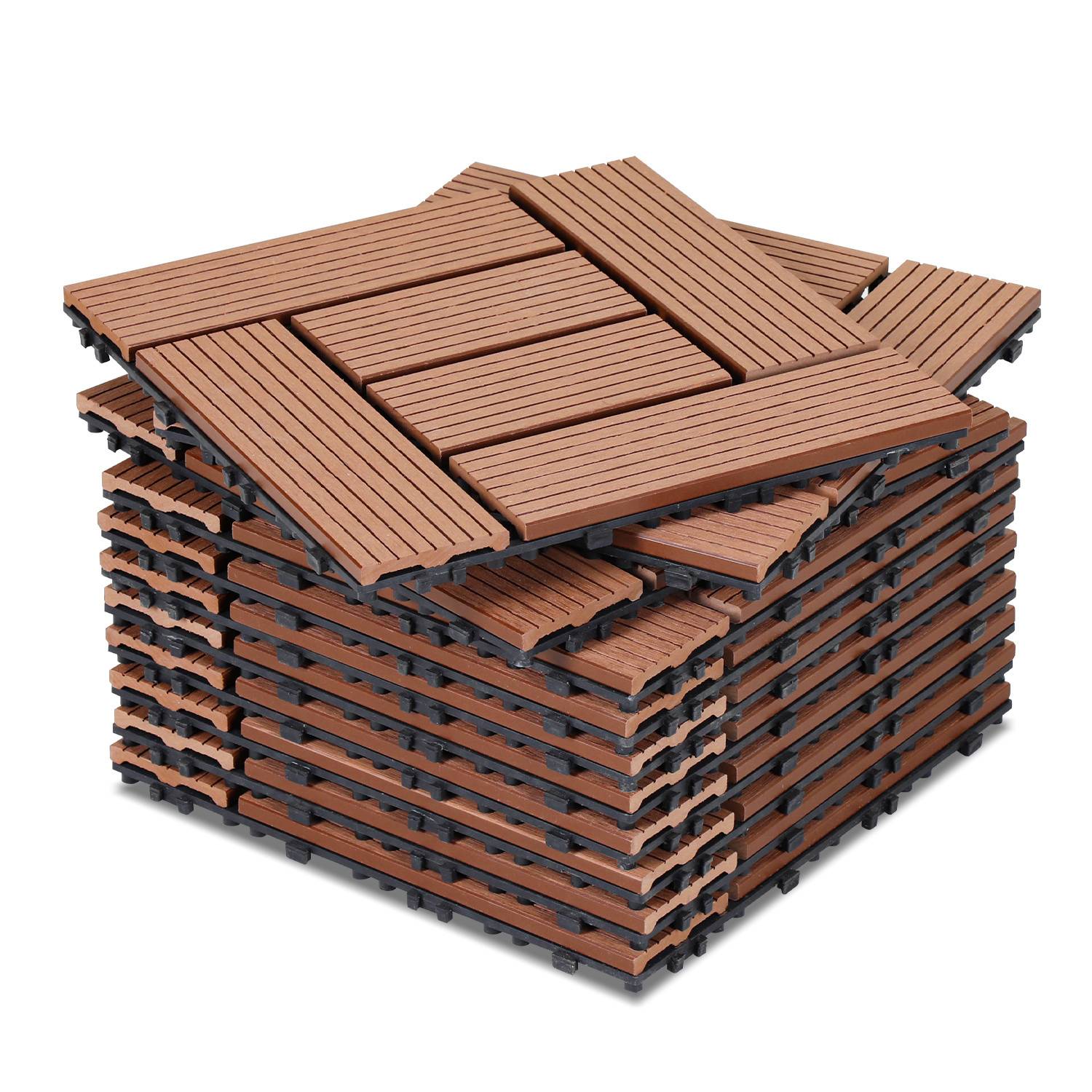 Ein Stapel brauner verschachtelter Bodenfliesen mit Lamellenentwürfen, die für den Außenbereich konzipiert sind, dargestellt in einem ordentlichen, kompakten Stapel.