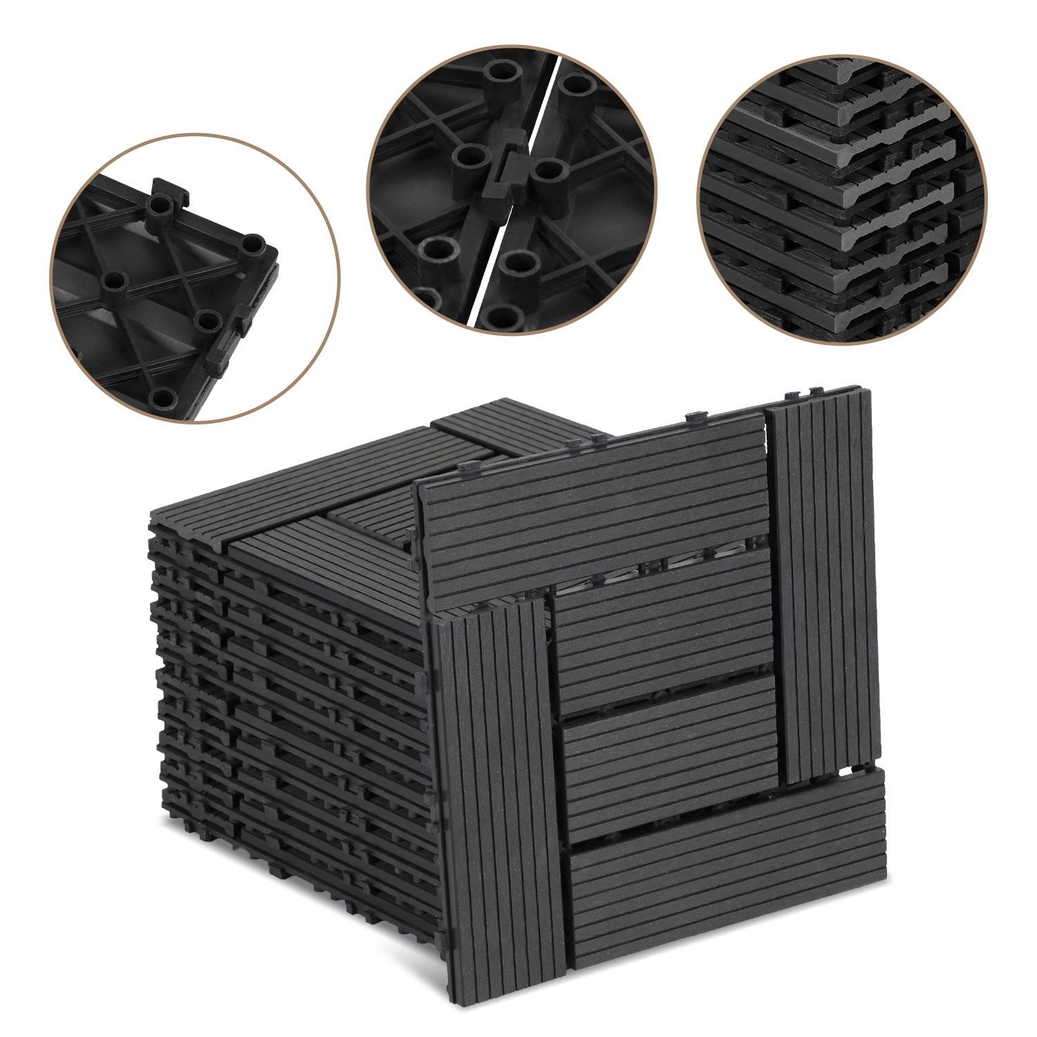 Stapel von verschlungenen schwarzen Fliesen; Nahaufnahmen zeigen Verbindungspunkte und Stapelbarkeit; verwendet für Bodenbeläge oder Oberflächenabdeckungen.