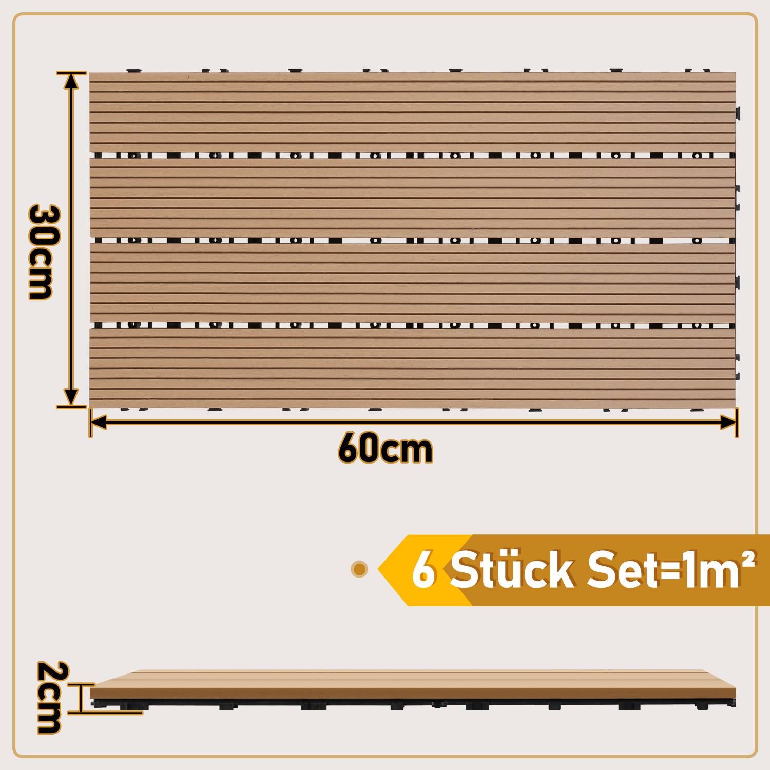 Holzdielen-Fliesen, 30 cm x 60 cm, 2 cm dick. Ein Set von 6 Fliesen deckt 1 Quadratmeter ab.