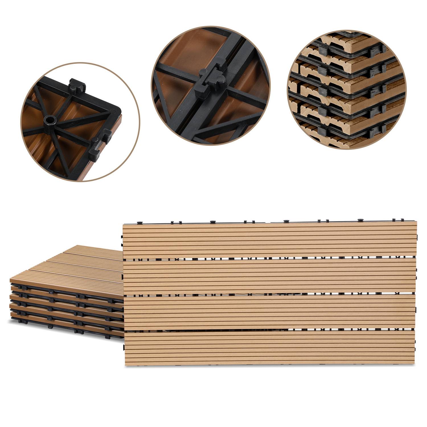 Verschlungene Verbundplatten in hellem Holzfinish, Stapel aus sechs Stück mit vergrößerten Detailaufnahmen des Verriegelungsmechanismus auf schwarzer Unterseite.