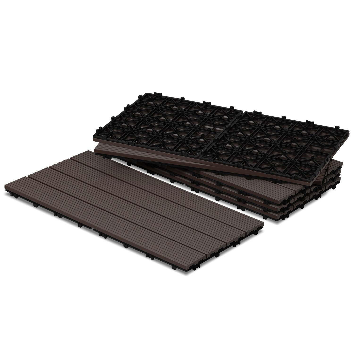 Gestapelte und angeordnete braune Verbundwerkstoff-Terrassendielen mit schwarzer Verriegelungsbasis, geeignet für einfache Außeninstallation.