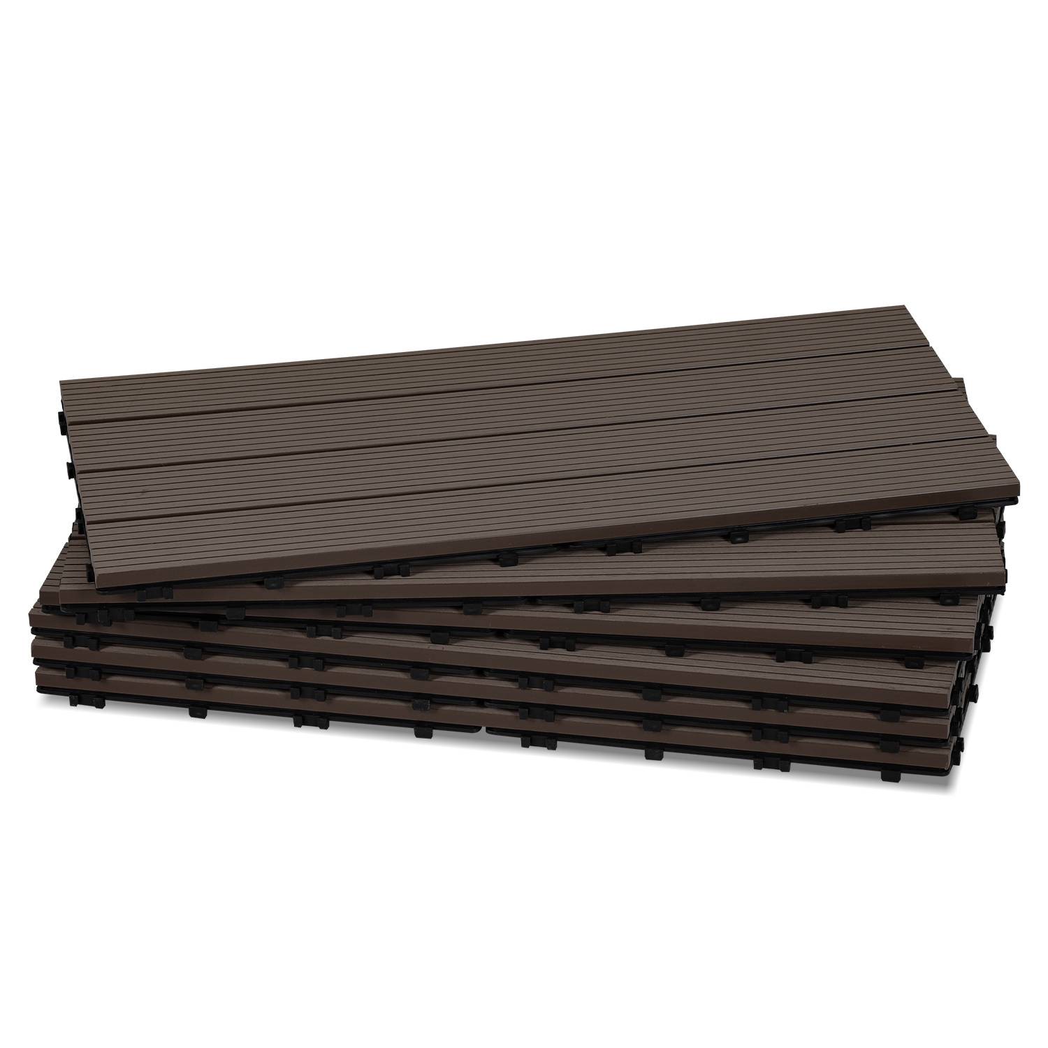 „Verschlungene Bodenfliesen in Dunkelbraun, gestapelt in einem Haufen. Gerillte Oberfläche sichtbar, geeignet für Außenbelagsflächen oder Terrassenbereiche.