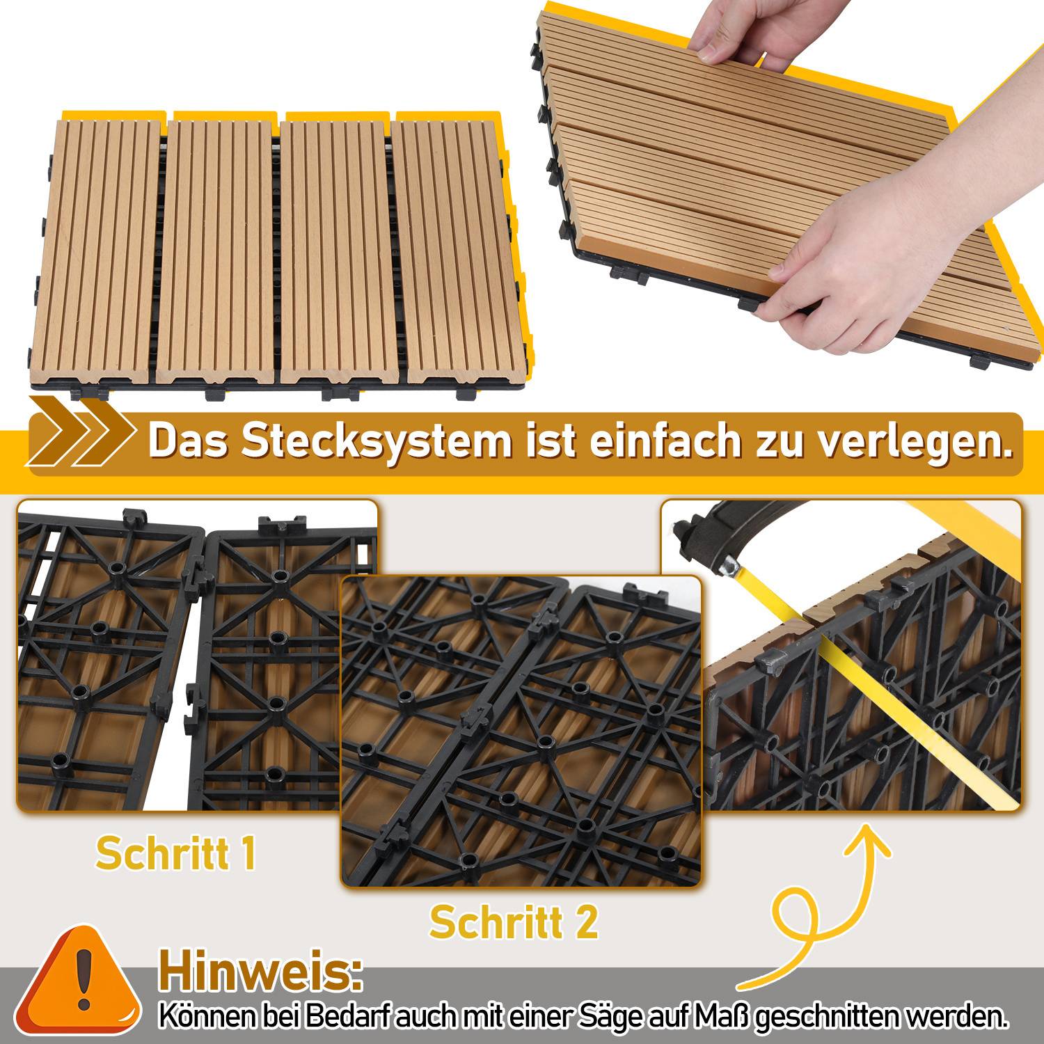 Das Stecksystem ist einfach zu verlegen.' Holz-Steckelemente werden verbunden. Schritte zeigen das Zusammenclipsen von Fliesen. Hinweis: Kann bei Bedarf mit einer Säge zugeschnitten werden.