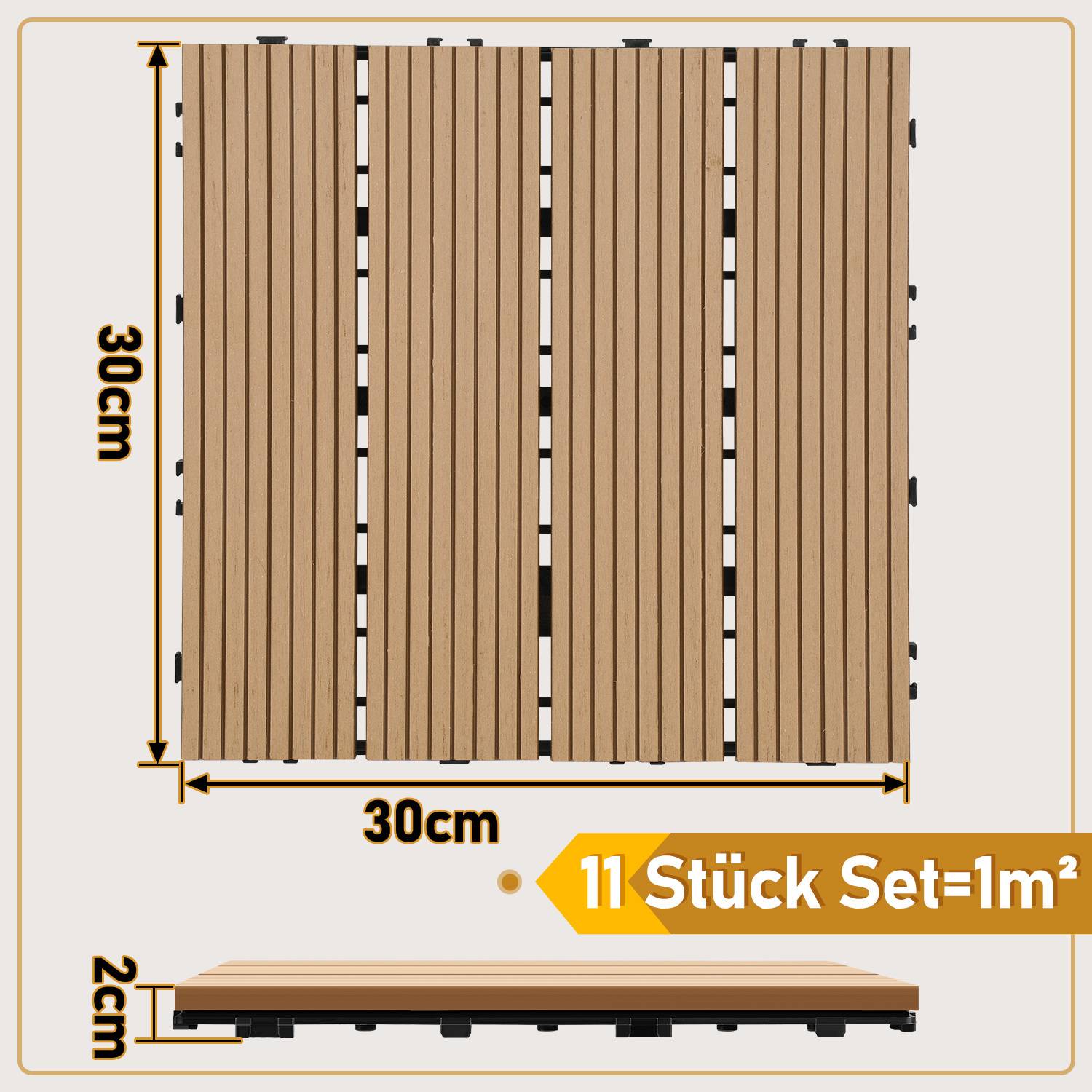Braune Verschlussdeckfliesen, je 30x30 cm groß und 2 cm dick, abgebildet mit der Aufschrift „11 Stück Set=1m²