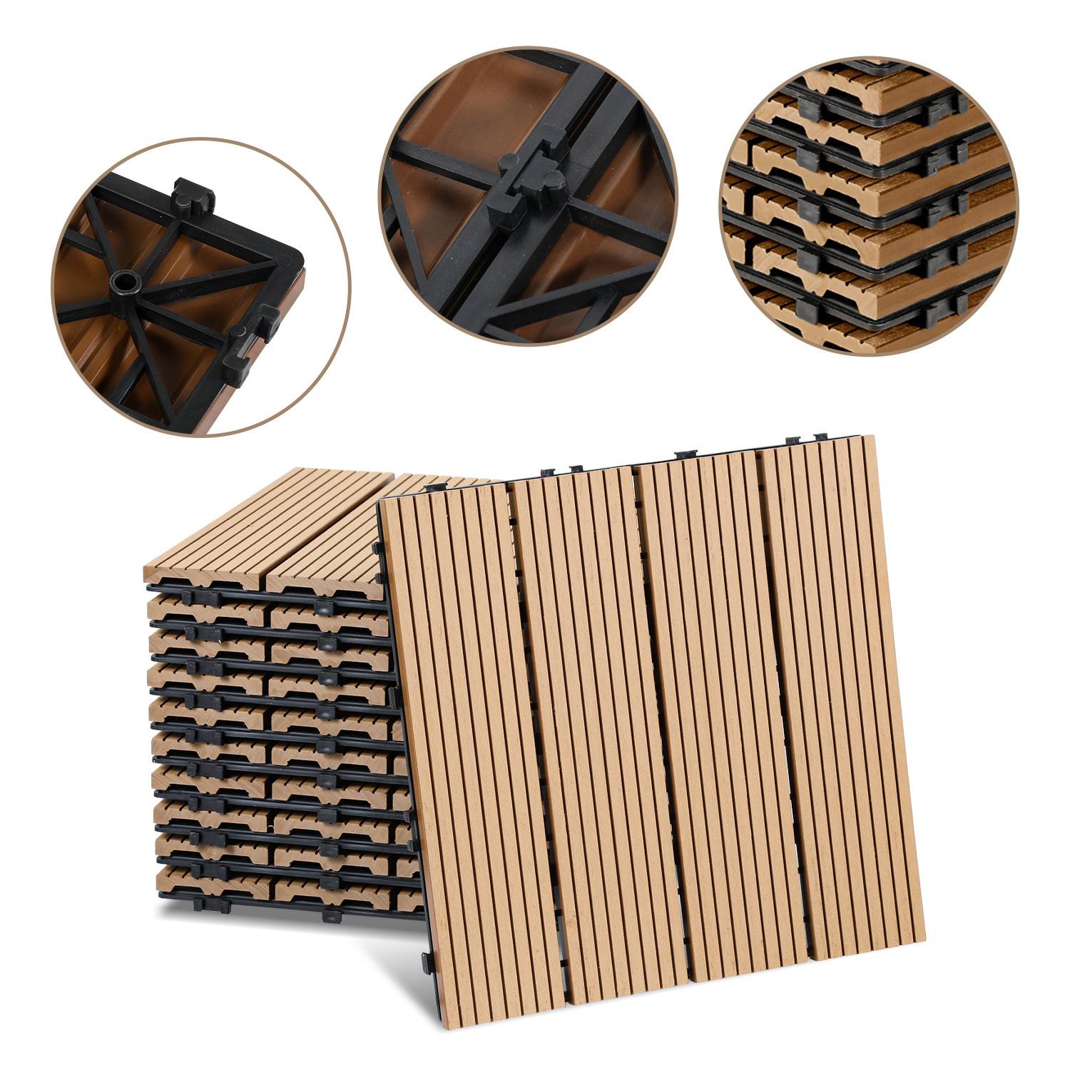 Gestapelte ineinandergreifende Holzfußbodenfliesen mit drei kreisförmigen Ausschnitten, die Nahaufnahmen der Unterseiten und Verbindungsmechanismen zeigen.