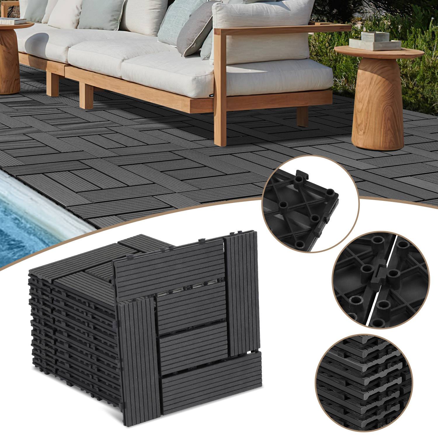 Außenterrasse mit verzahnten dunklen Fliesen; Sofa darauf. Die Vergrößerung zeigt Flieseneigenschaften: gerillte Oberfläche und Verbindungspunkte.