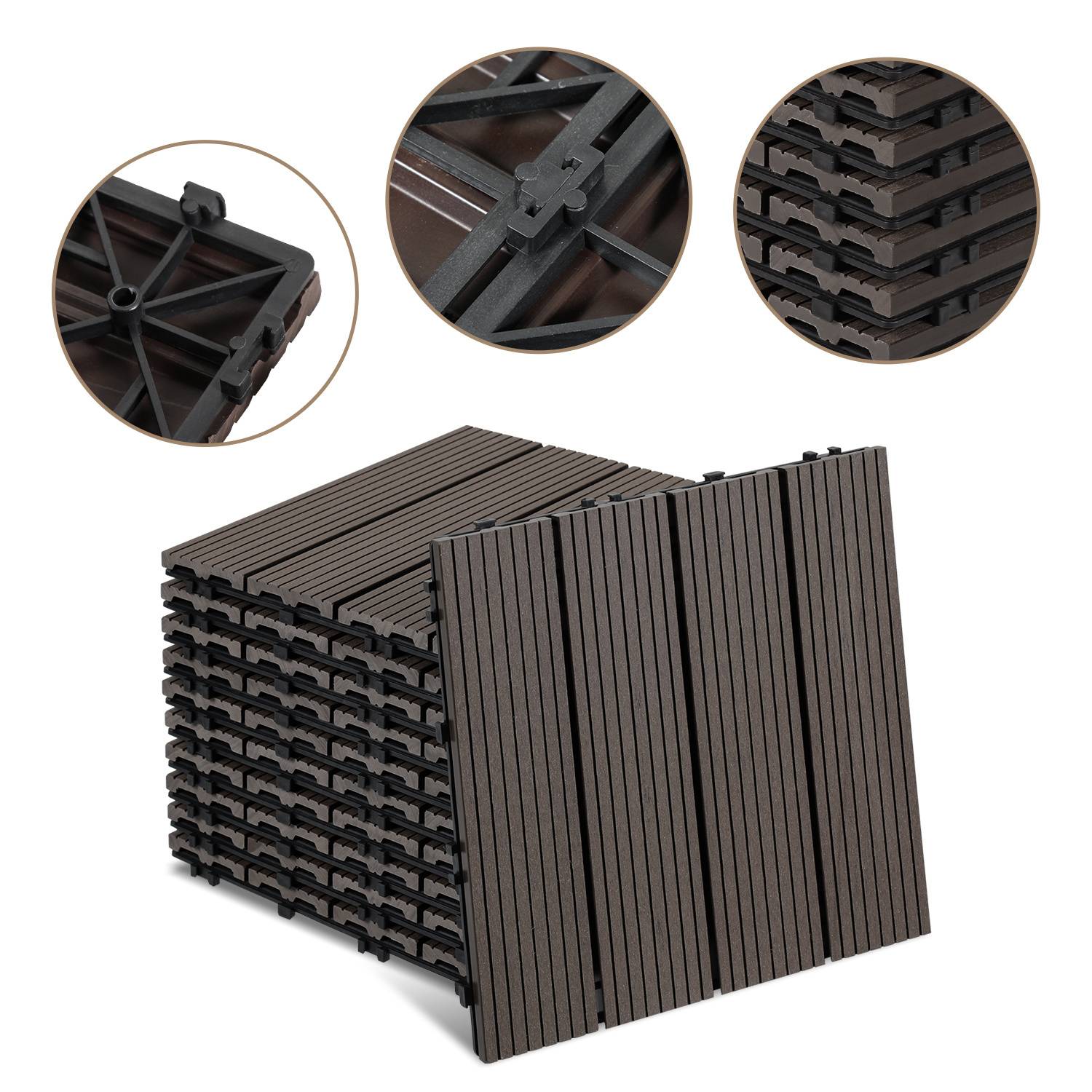 Stapel von verschlungenen braunen Deck-Fliesen mit holzähnlicher Textur, gezeigt in einem Hauptstapel und detaillierter Nahaufnahme in drei kreisförmigen Einsätzen.