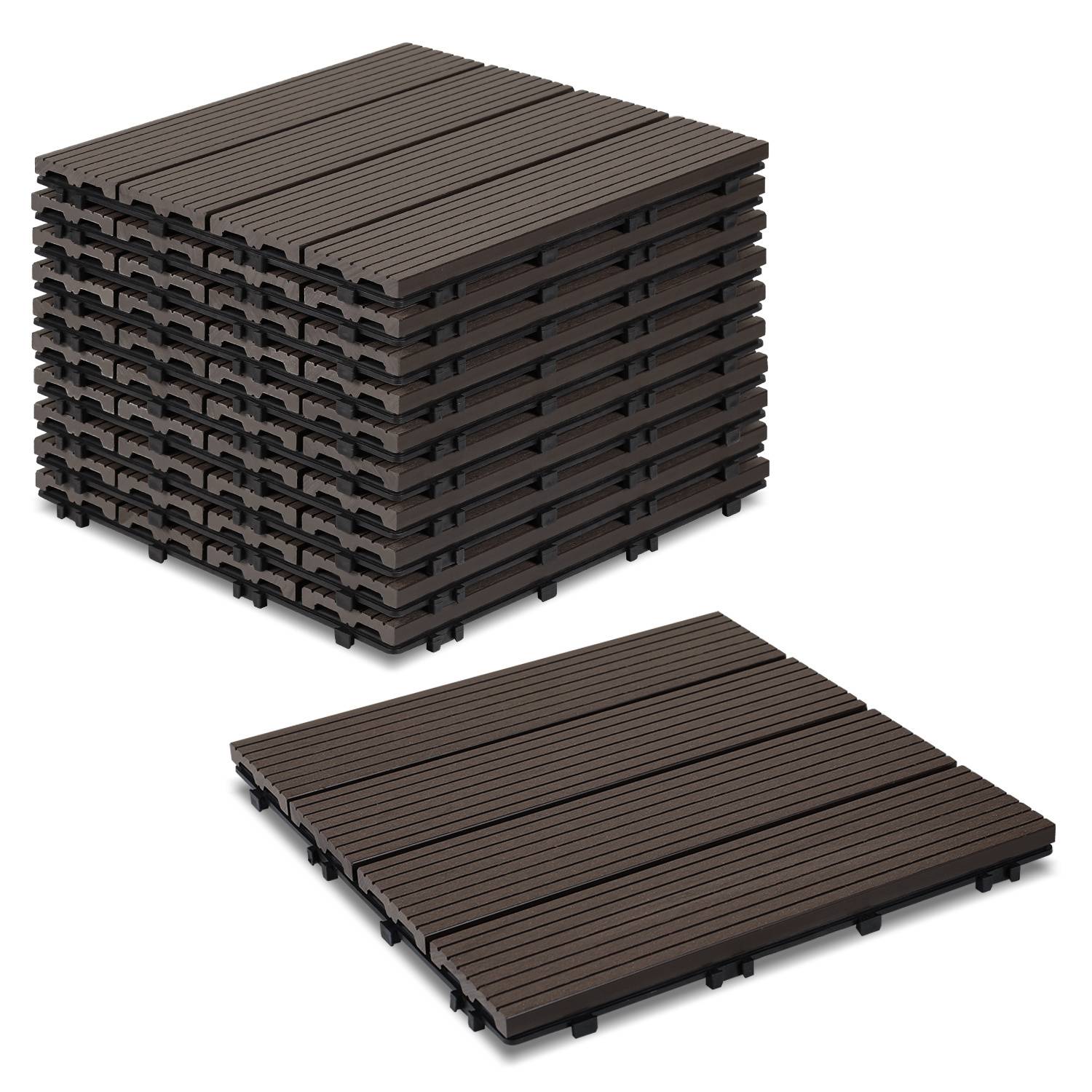 Ein Stapel von verschachtelten braun aussehenden Terrassenplatten im Holzdesign, mit einer separat gezeigten Platte, die das Design und die Verbindungspunkte demonstriert.