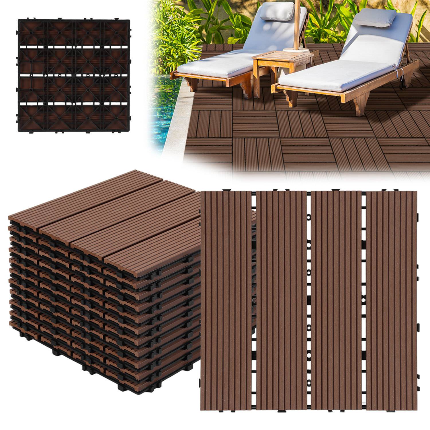 „Verschlungene Holzdeckfliesen, gestapelt und um einen Pool mit Liegestühlen verlegt; ideal für den Außenbereich.