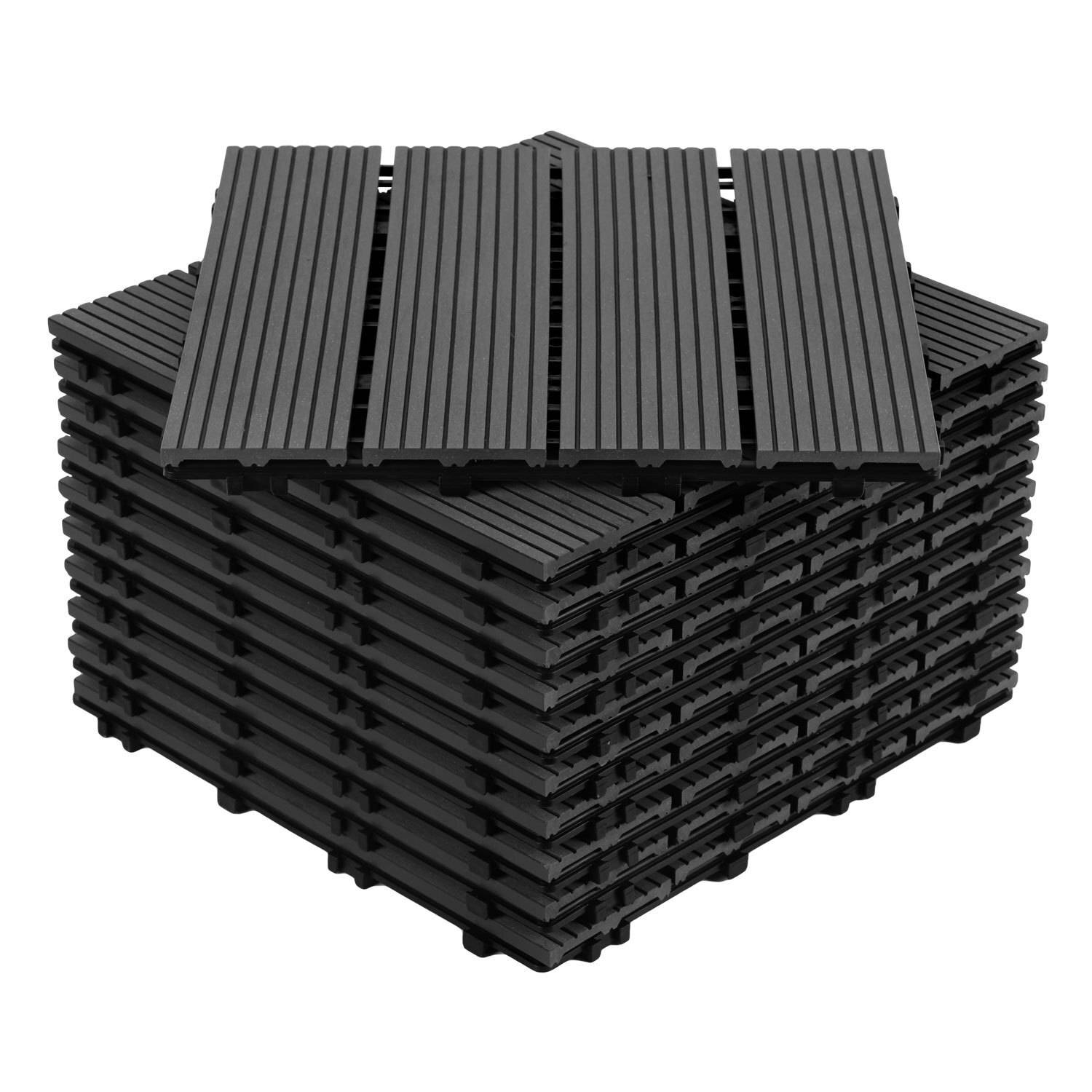 Ein Stapel von 30 verschachtelten schwarzen Terrassenplatten. Eine durchsichtige obere Platte wird angezeigt und zeigt ein Lamellenmuster. Wird für Terrassen oder Gärten verwendet.