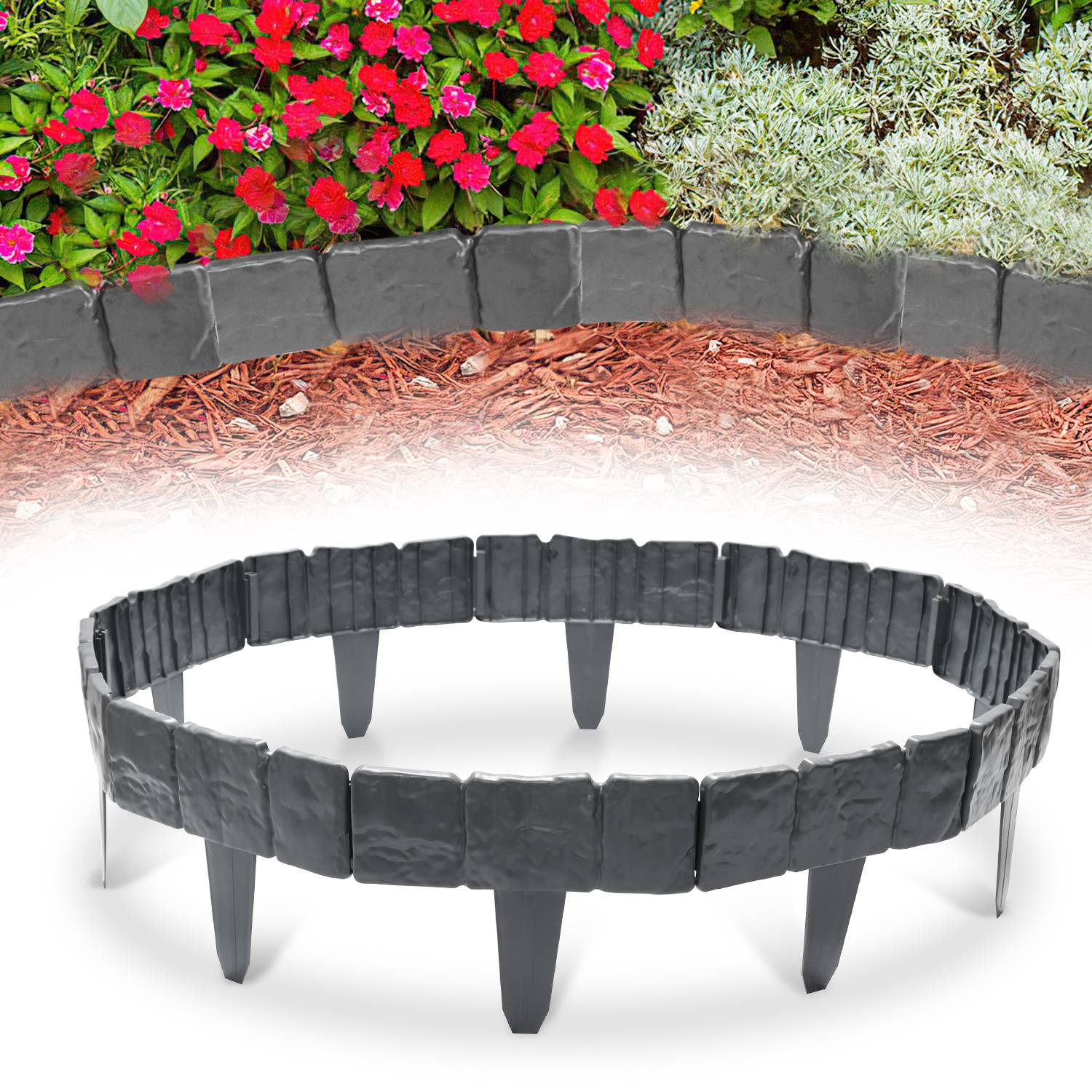 Kunststoff-Steinoptik-Beetumrandung in Schwarz' gezeigt in einer Gartenumgebung mit Blumen und Mulch, veranschaulicht die Verwendung in der Landschaftsgestaltung.