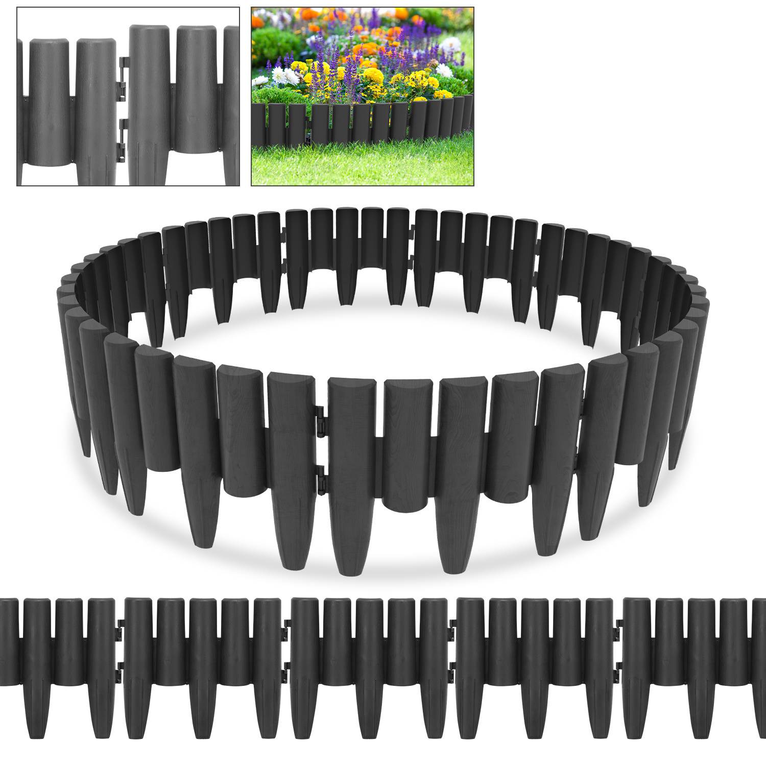 Kreisförmige schwarze Garteneinfassung mit vertikalen Latten, dargestellt in einem dekorativen Design um Blumenbeete.