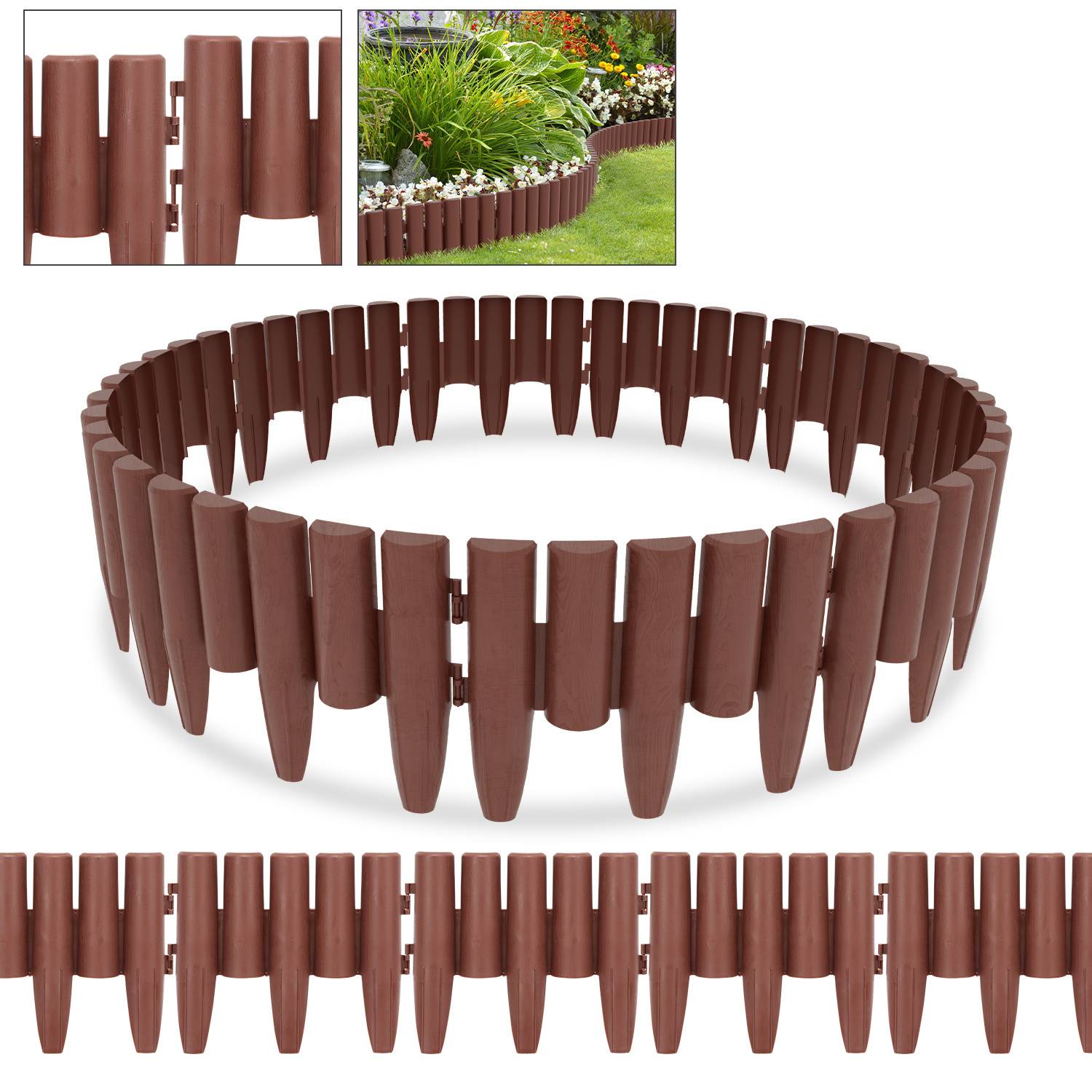 Ein brauner, flexibler Garteneinfassung bildet eine kreisförmige Umrandung um ein Gartenbeet und zeigt dessen Verwendung beim Gestalten und Organisieren von Außenbereichen.