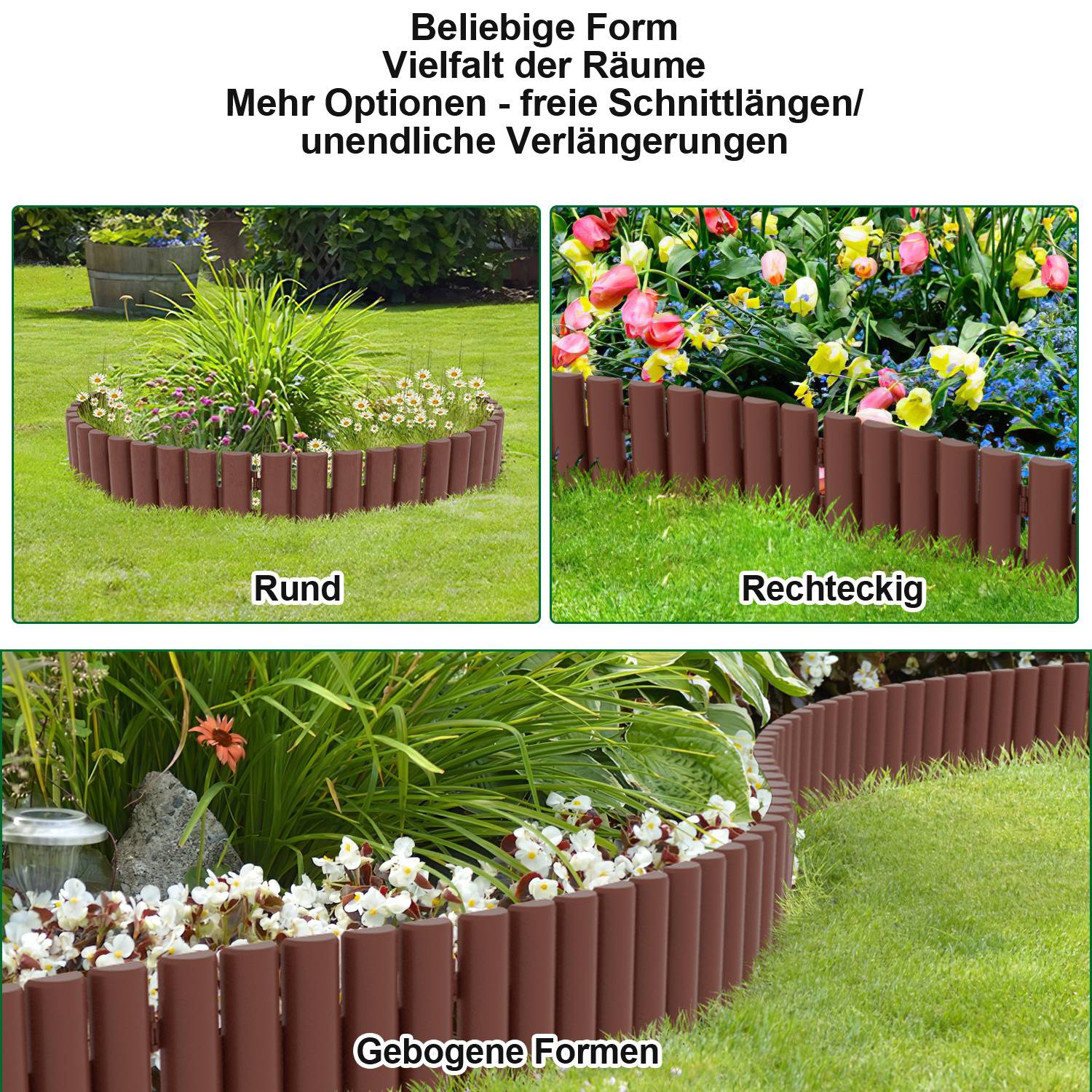 Tafel mit Garteneinfassungen in verschiedenen Formen: ein rundes Blumenbeet, ein rechteckiger Pflanzbereich und eine geschwungene Gartenkante.