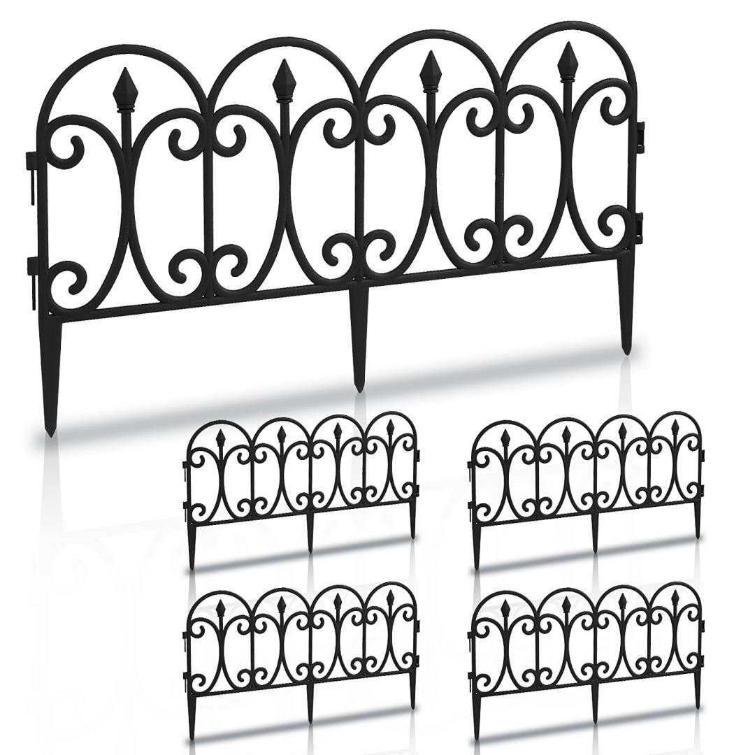 Ornate schwarzes Metallgartenzaun mit dekorativen Schnörkeln, in Abschnitten dargestellt. Ideal für Garteneinfassungen oder dekorative Bordüren.