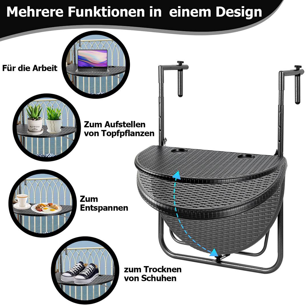 Multifunktionaler Tisch mit Verwendungen für Arbeit, Pflanzenhaltung, Entspannung und Schuhtrocknung, mit illustrativen Bildern für jede Funktion.