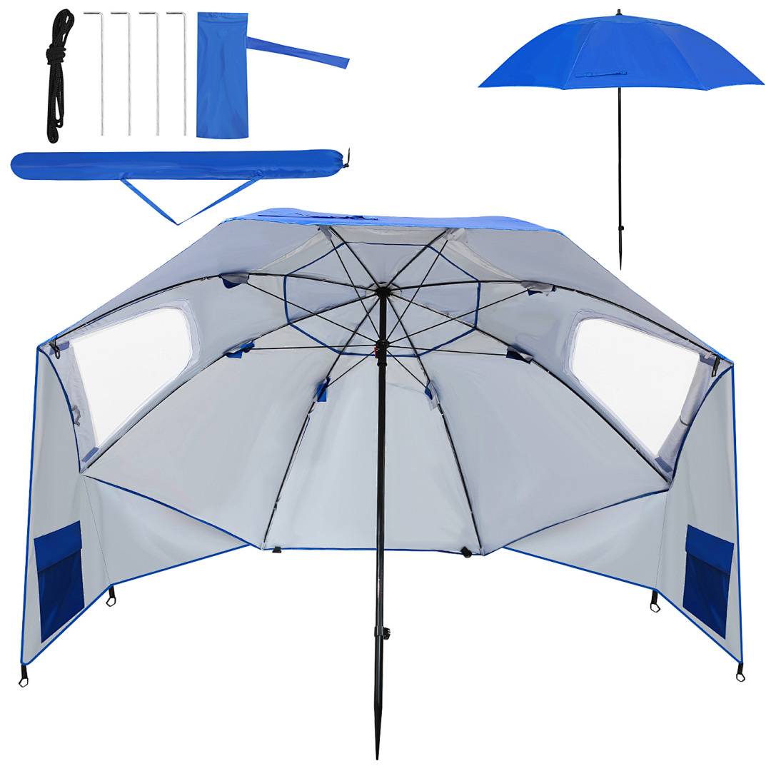 Ein großer blauer Strandschirm mit Seitenklappen für zusätzlichen Schatten und Stabilität, inklusive Tragetasche und Heringen zur Befestigung im Boden.