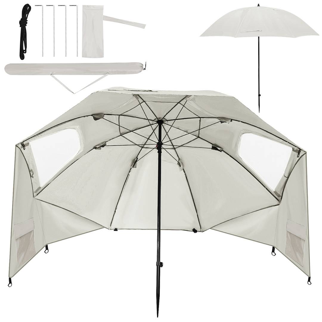 Ein großer weißer Regenschirm mit Seitenpaneelen und Fenstern ist aufgestellt und wird mit seiner Tragetasche, Heringen und Stange auf weißem Hintergrund gezeigt.