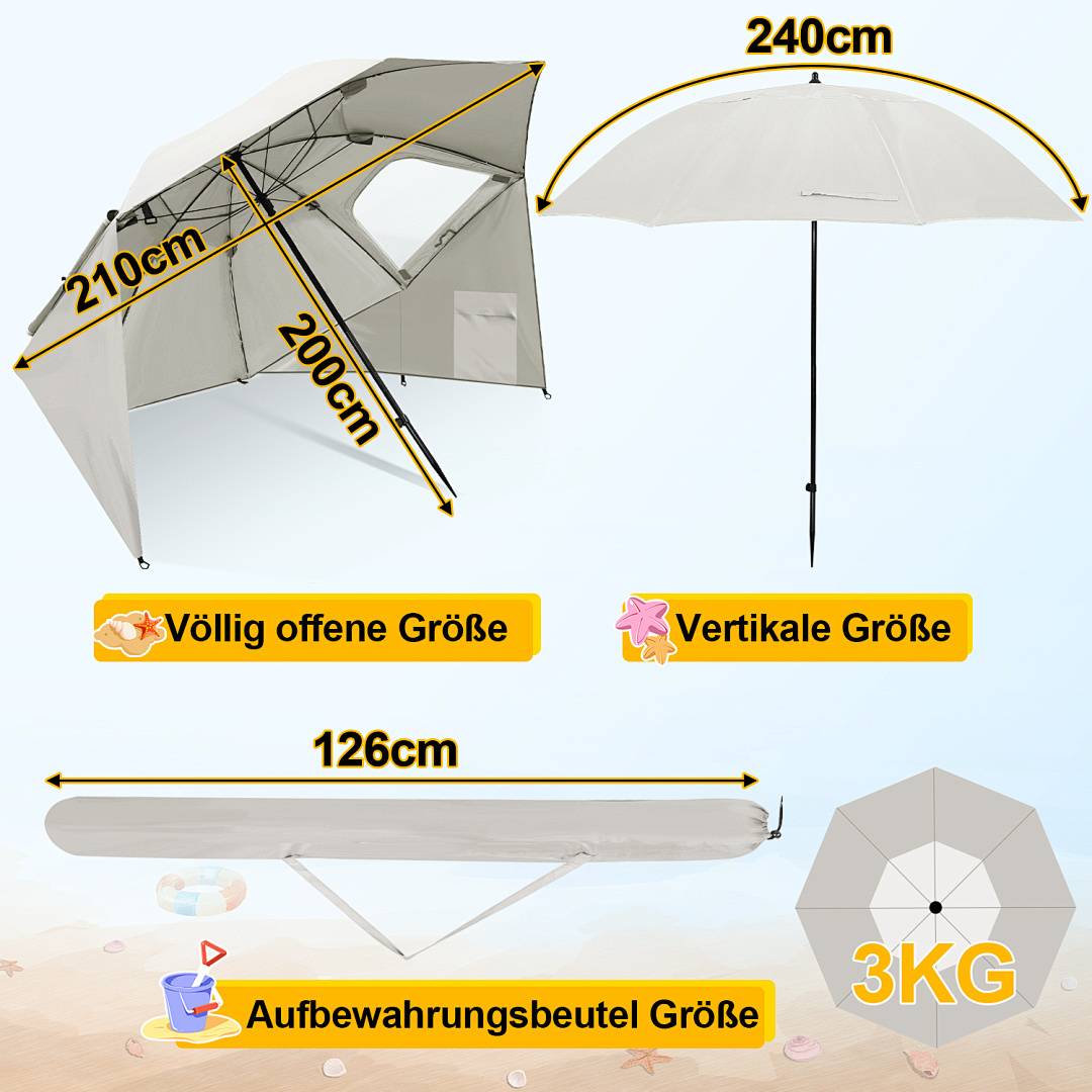 Pop-up-Zelt mit Abmessungen: 210 cm Breite, 200 cm Tiefe, 240 cm Höhe. Inklusive 126 cm Aufbewahrungstasche. Gewicht: 3 kg.