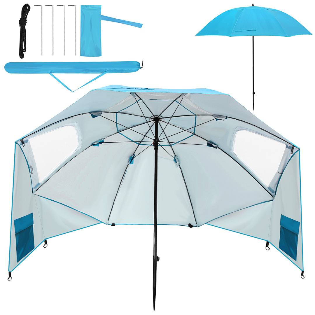 Hellblauer Strandschirm mit erweiterten Seitenwänden zum Windschutz, einschließlich Heringe und Tragetasche, für einfachen Aufbau konzipiert.