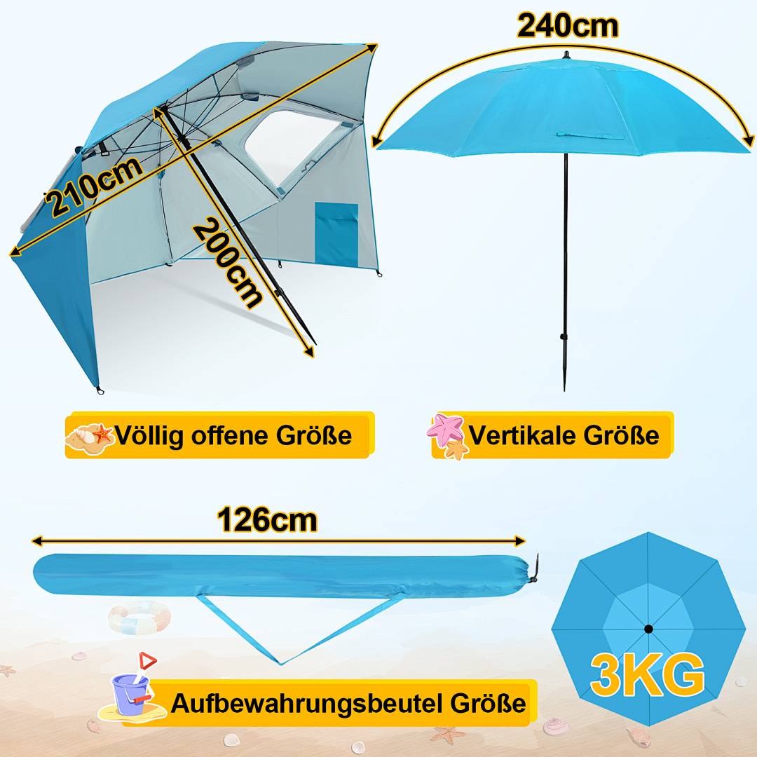 Blauer Strandschirm mit Seitenwänden. Maße wie gezeigt: vollständig geöffnete Größe 210x200cm, vertikale Größe 240cm, und Aufbewahrungstasche 126cm. Gewicht beträgt 3kg.