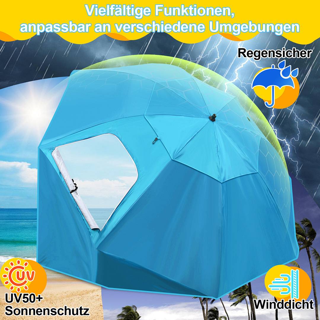 Ein blauer, multifunktionaler witterungsbeständiger Zelt mit UV-Schutz, präsentiert unter verschiedenen Wetterbedingungen: Sonne, Regen und Wind.