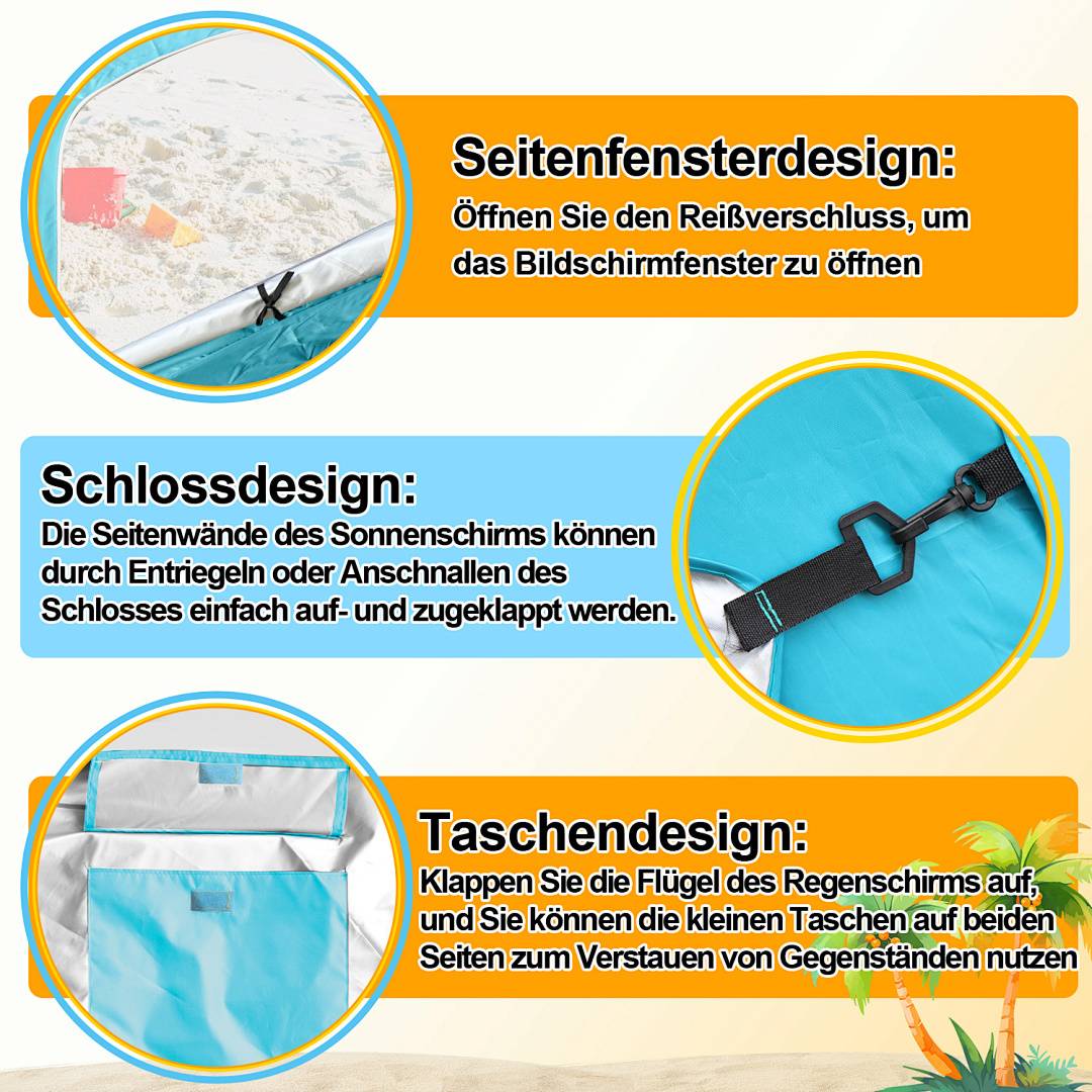 Zeltdesign-Merkmale: Seitlicher Reißverschluss für Fenster zugang, abschließbare Sonnenschutzwände und faltbare Taschen zur Aufbewahrung auf beiden Seiten.