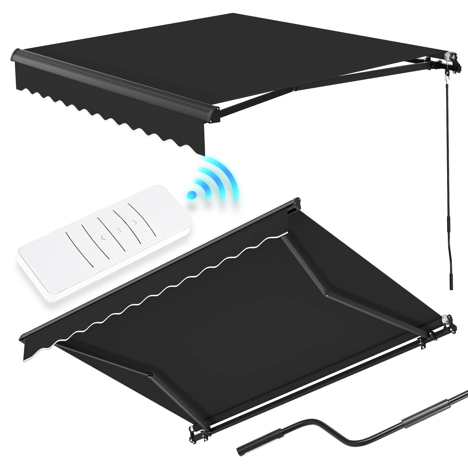 Eine schwarze Kassettenmarkise mit Kurbel und Fernbedienung, die ihre ausgefahrenen und eingefahrenen Zustände zeigt und ihre Funktionalität hervorhebt.