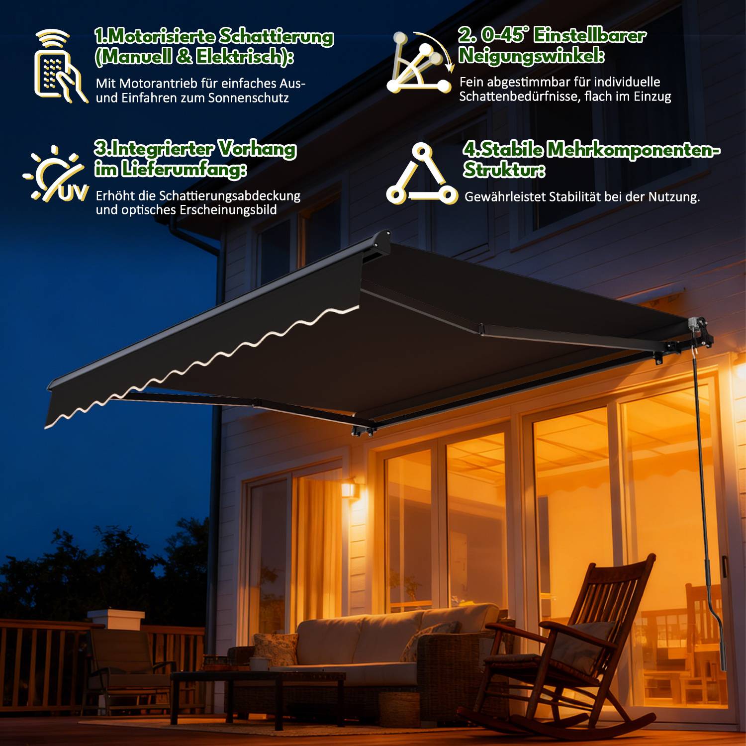 Ein motorisiertes Markise erstreckt sich bei Einbruch der Dämmerung über eine Terrasse, mit Symbolen, die Funktionen hervorheben: elektrischer Antrieb, UV-Schutz, verstellbarer Winkel, Stabilität, Wandmontage im Lieferumfang enthalten.