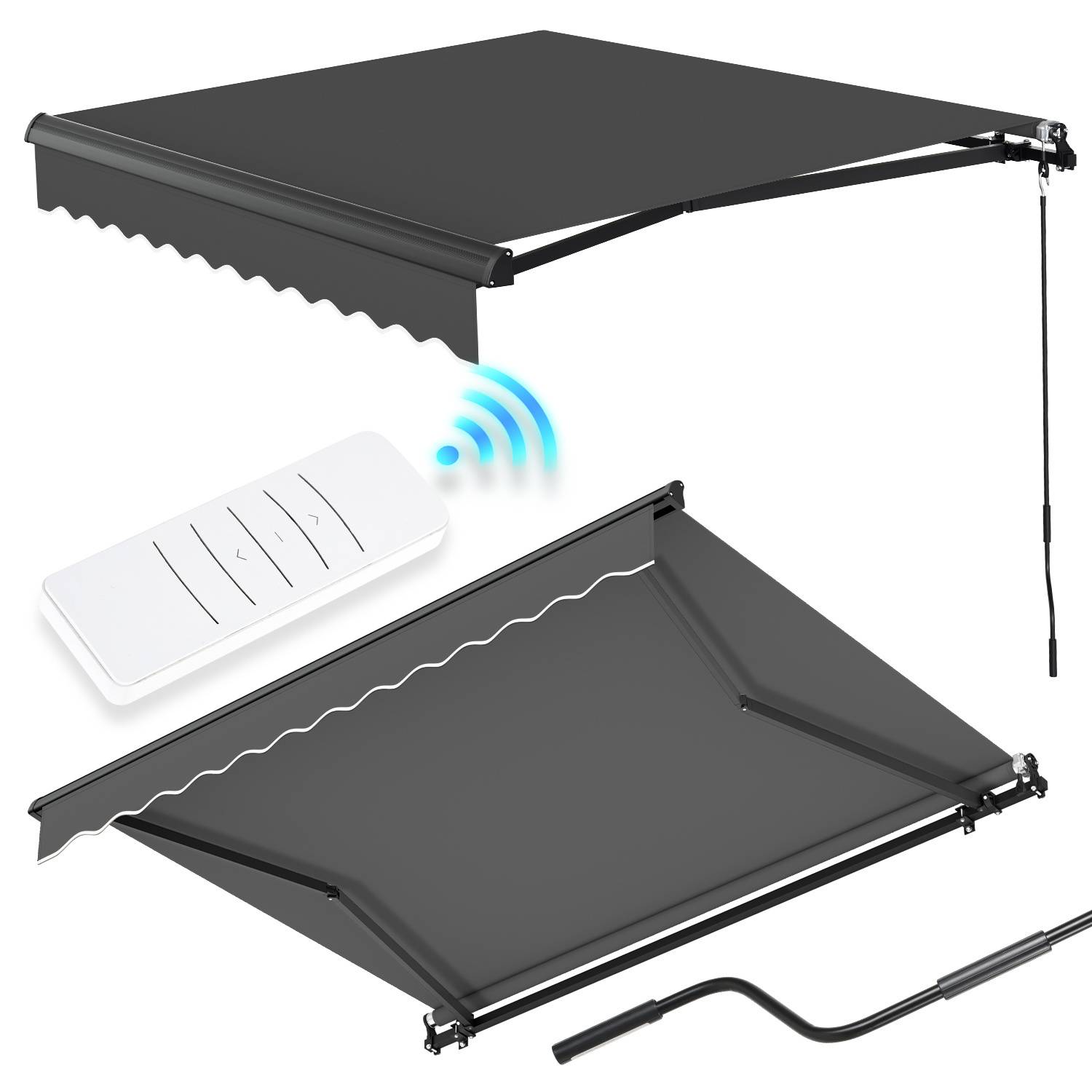Motorisierte Kassettenmarkise in Schwarz mit Fernbedienung; geöffnete und geschlossene Ansicht dargestellt; umfasst Kurbel für manuelle Bedienung.