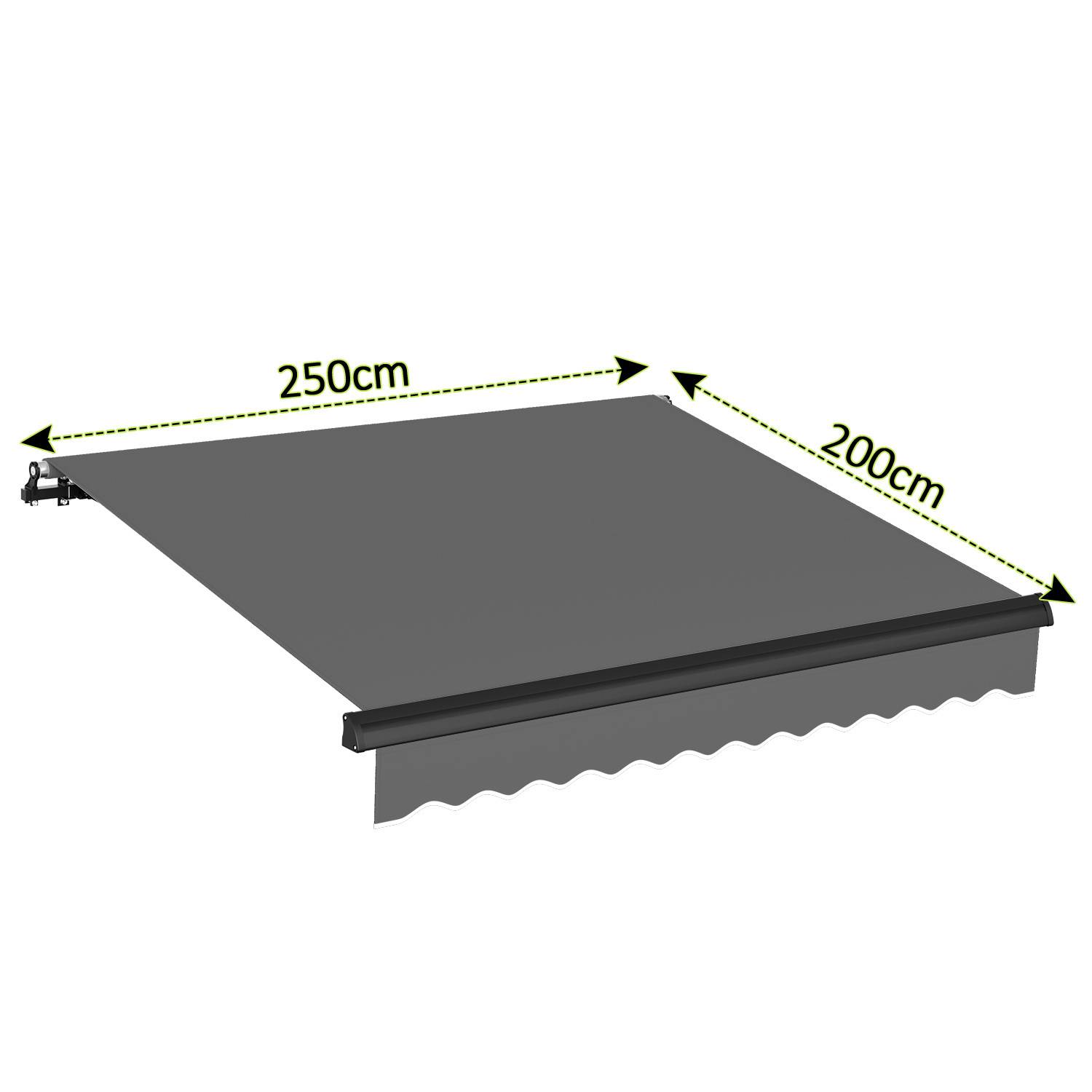 Ausfahrbare Markise mit einer Breite von 250 cm und Tiefe von 200 cm. Graues Tuch mit Wellenkante. Schwarzes Gestell; verstellbar für Sonnenschutz.