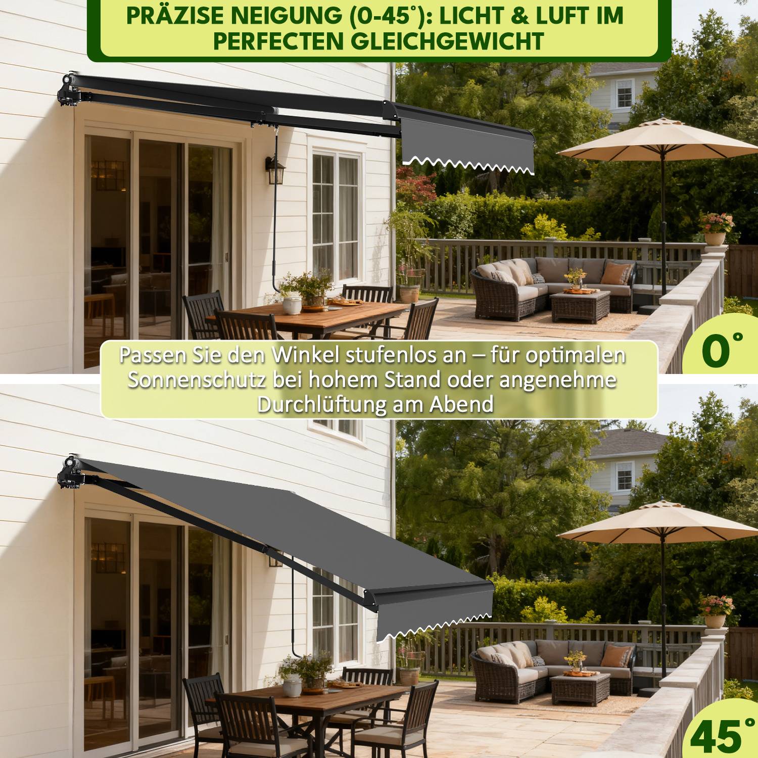 „Winkel anpassen (0-45°): Licht & Luft optimal mit perfektem Schatten