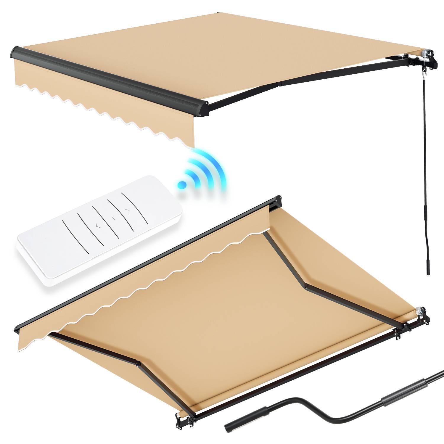Einziehbare Terrassenmarkise mit beigem Stoff, bedient durch eine Fernbedienung. Beinhaltet eine Kurbel für manuelle Verstellungen.