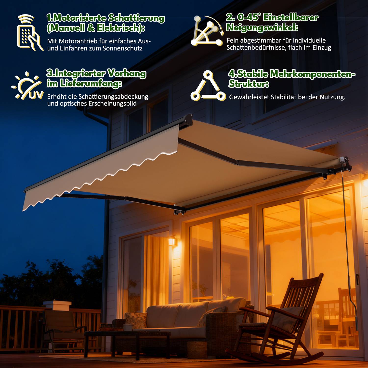 Einziehbare Markise mit motorisiertem und manuellem Betrieb, verstellbarem Neigungswinkel, integrierter LED-Beleuchtung, UV-Schutz, stabile Konstruktion.