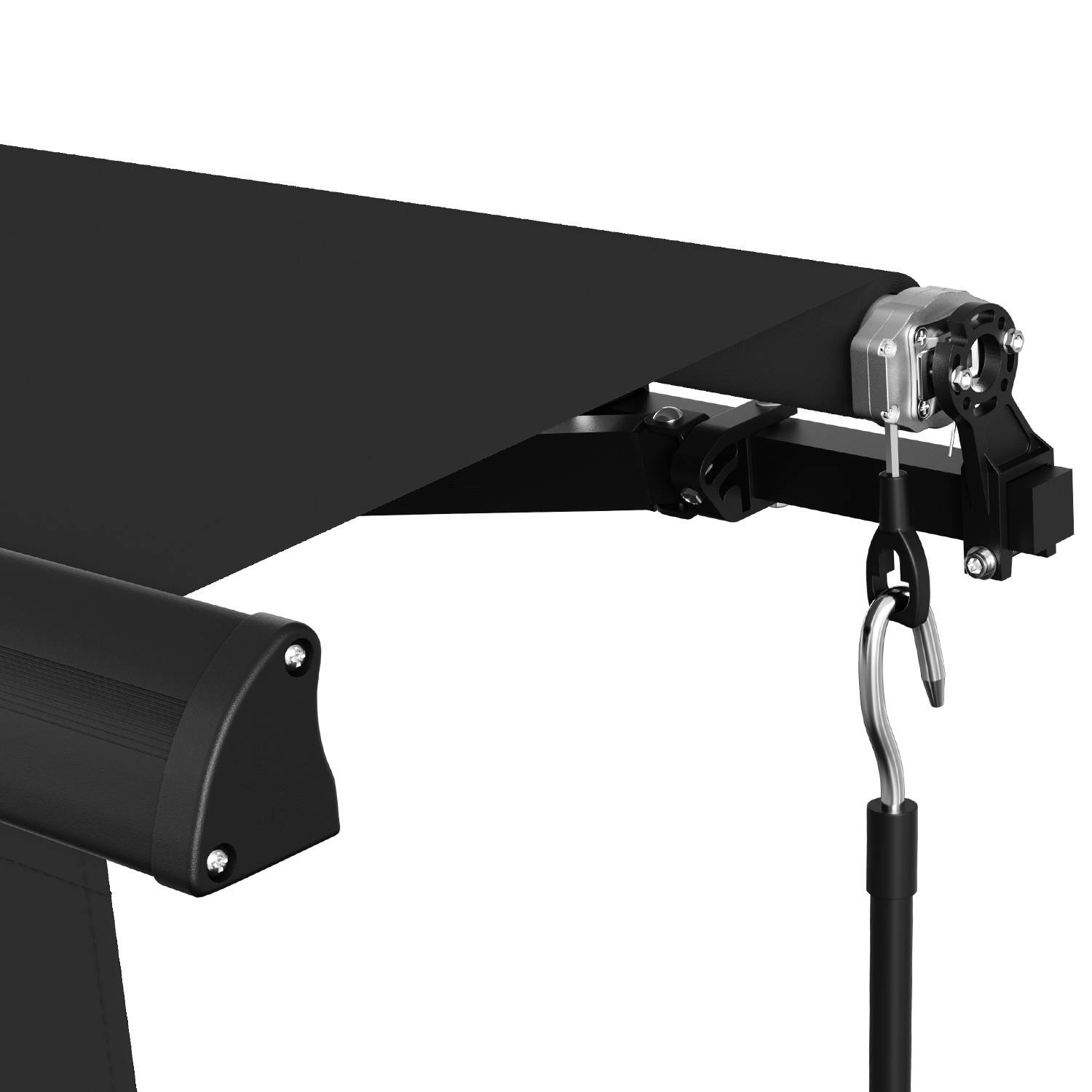 Seitenansicht einer einziehbaren schwarzen Polyester-Markise mit Kurbel, die das Metallgestell und die Befestigungshardware zeigt.