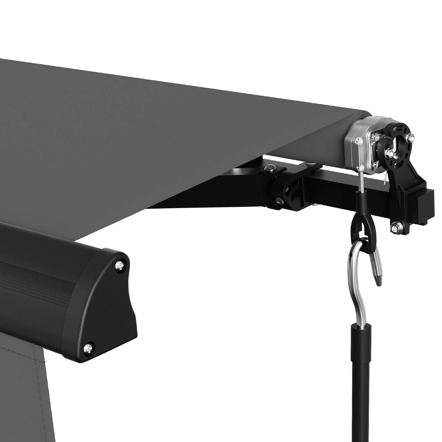 Einziehbarer Markisenmechanismus mit robustem Rahmen und manuellem Kurbelgriff, entwickelt für den Sonnenschutz im Freien.