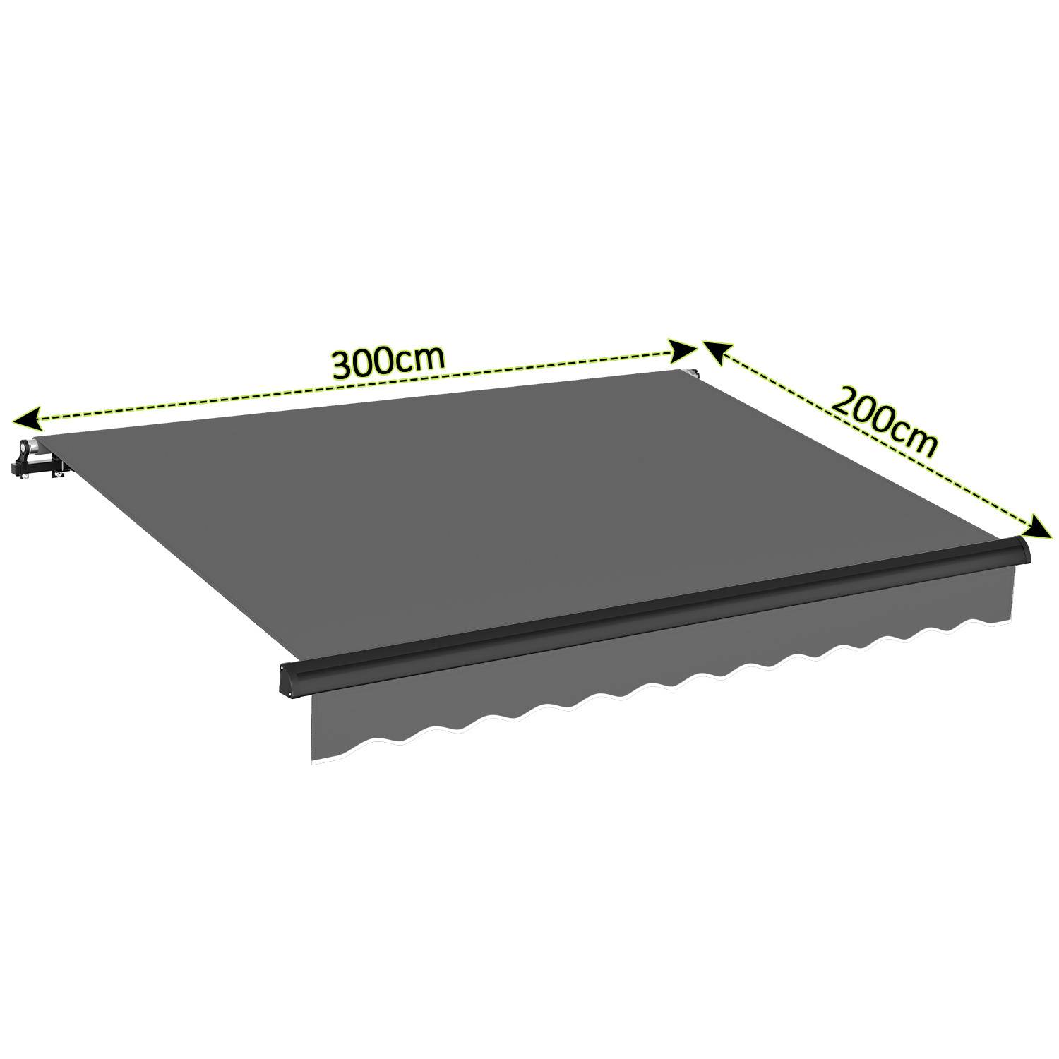 Illustration einer ausfahrbaren Markise mit Abmessungen: 300cm Breite x 200cm Ausfall, mit Halterungen und wellenförmiger Kantendetaillierung.