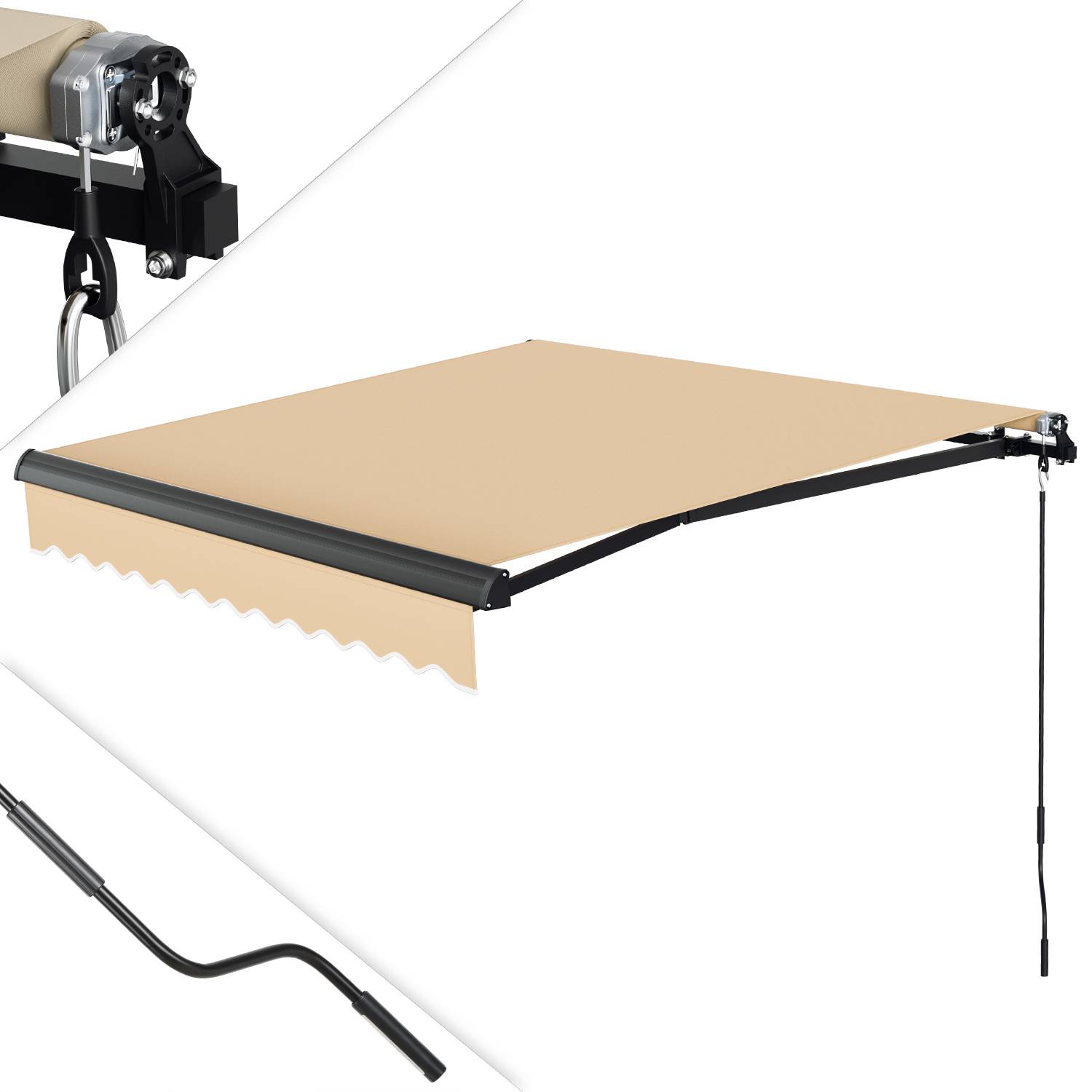 Eine beige ausfahrbare Markise mit manueller Betätigung verfügt über eine Kurbel auf der rechten Seite zum Ausfahren und Einfahren.