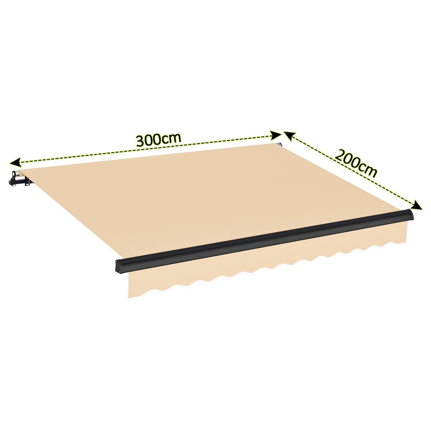 Illustration einer einfahrbaren Markise mit beschrifteten Abmessungen: 300 cm Breite und 200 cm Ausfahrlänge, beigefarbener Stoff mit schwarzem Rand.