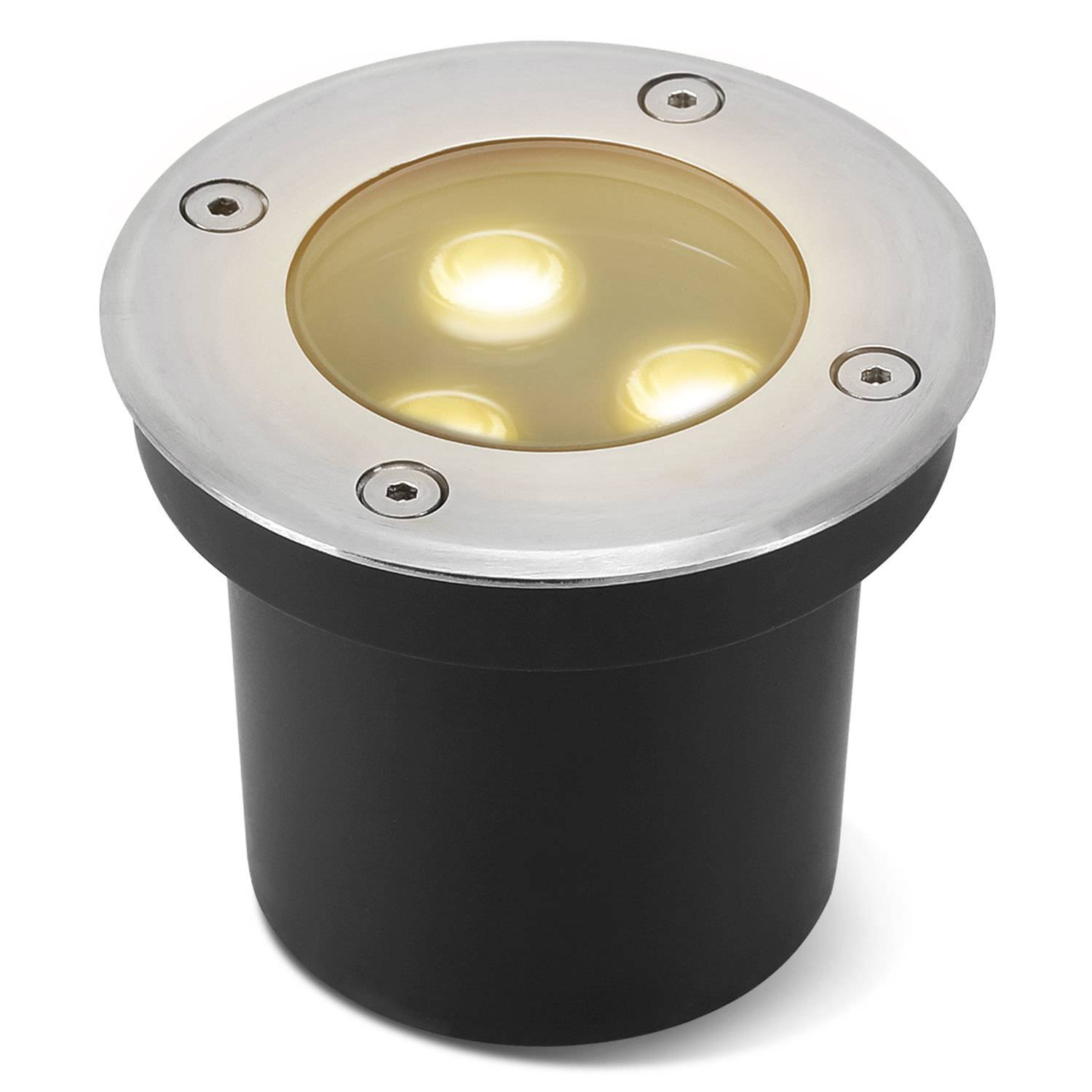 Silber- und schwarzes rundes LED-Bodenleuchte mit drei Glühbirnen, geeignet für den Außenbereich.