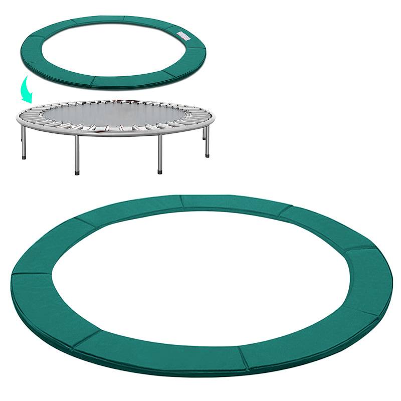 Trampolin mit grüner Sicherheitsmatte, die die Federn abdeckt, in zwei Ansichten dargestellt: Draufsicht und Seitenansicht, die die Abdeckung und das Design zeigen.