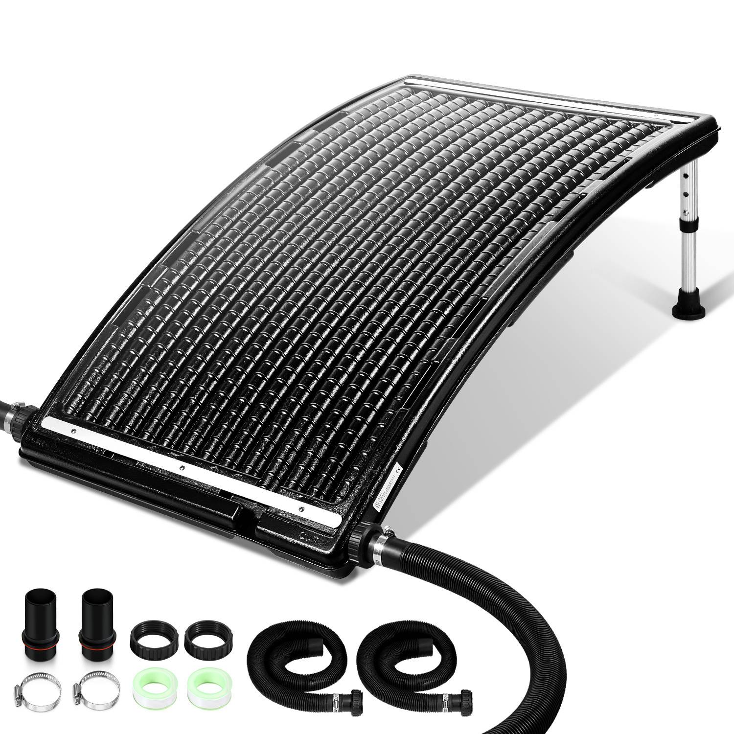 Solarpool-Heizung aus schwarzem gekrümmtem Panel mit angebrachten Schläuchen und Montagezubehör, entworfen um Sonnenlicht zur Wassererwärmung zu nutzen.