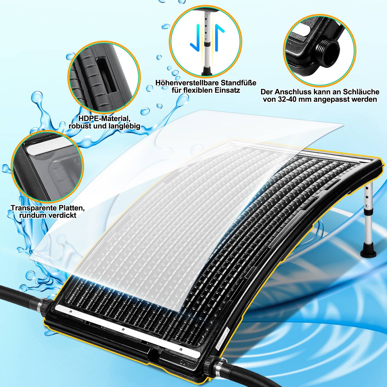 Solarpanel mit verstellbarem Ständer für flexible Verwendung, hergestellt aus robustem HDPE-Material. Verbindung zu Schläuchen von 32-40 mm. Transparente Abdeckung enthalten.