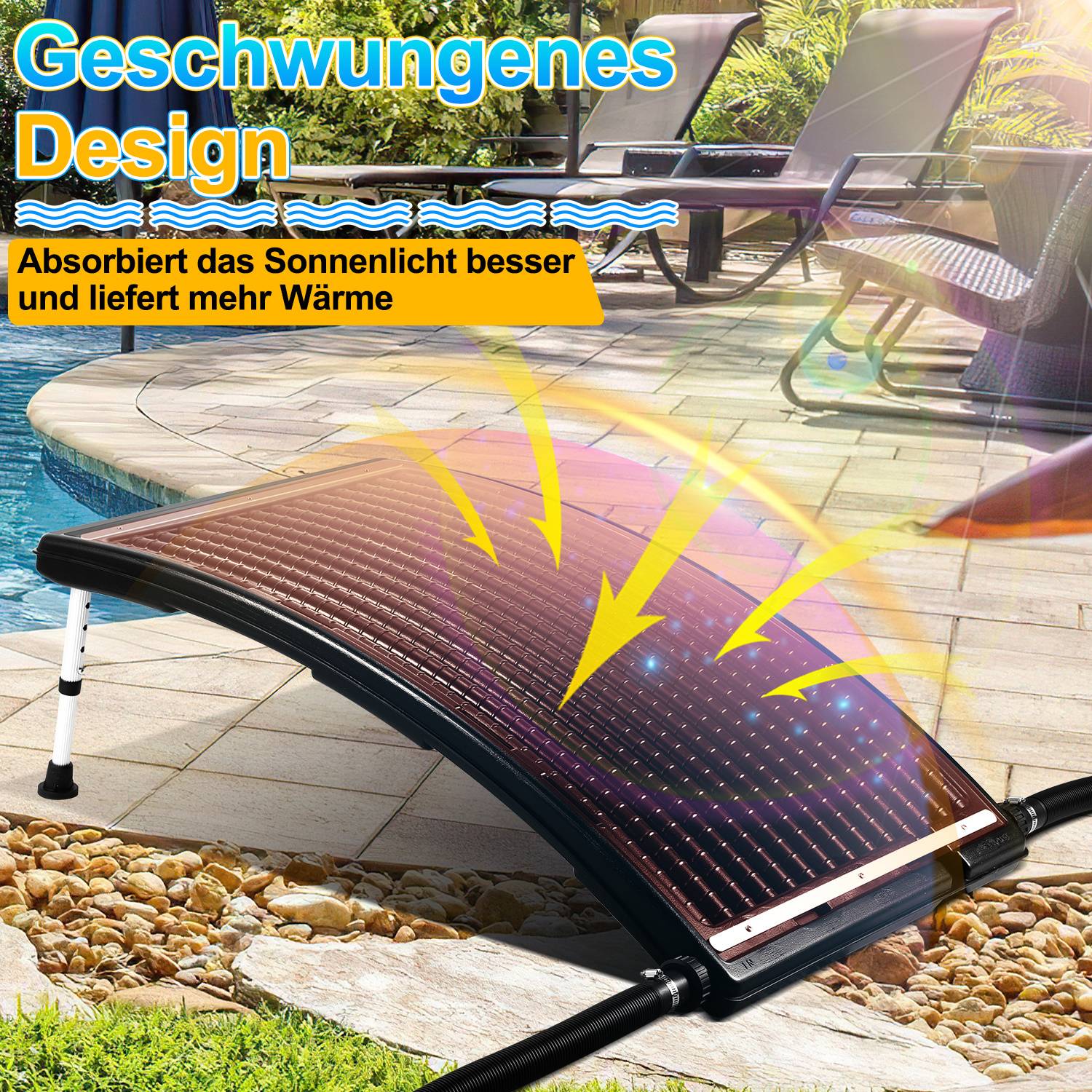 Ein Solarmodul am Poolrand mit geschwungenem Design absorbiert Sonnenlicht effizienter und spendet zusätzliche Wärme. Text: Geschwungenes Design.