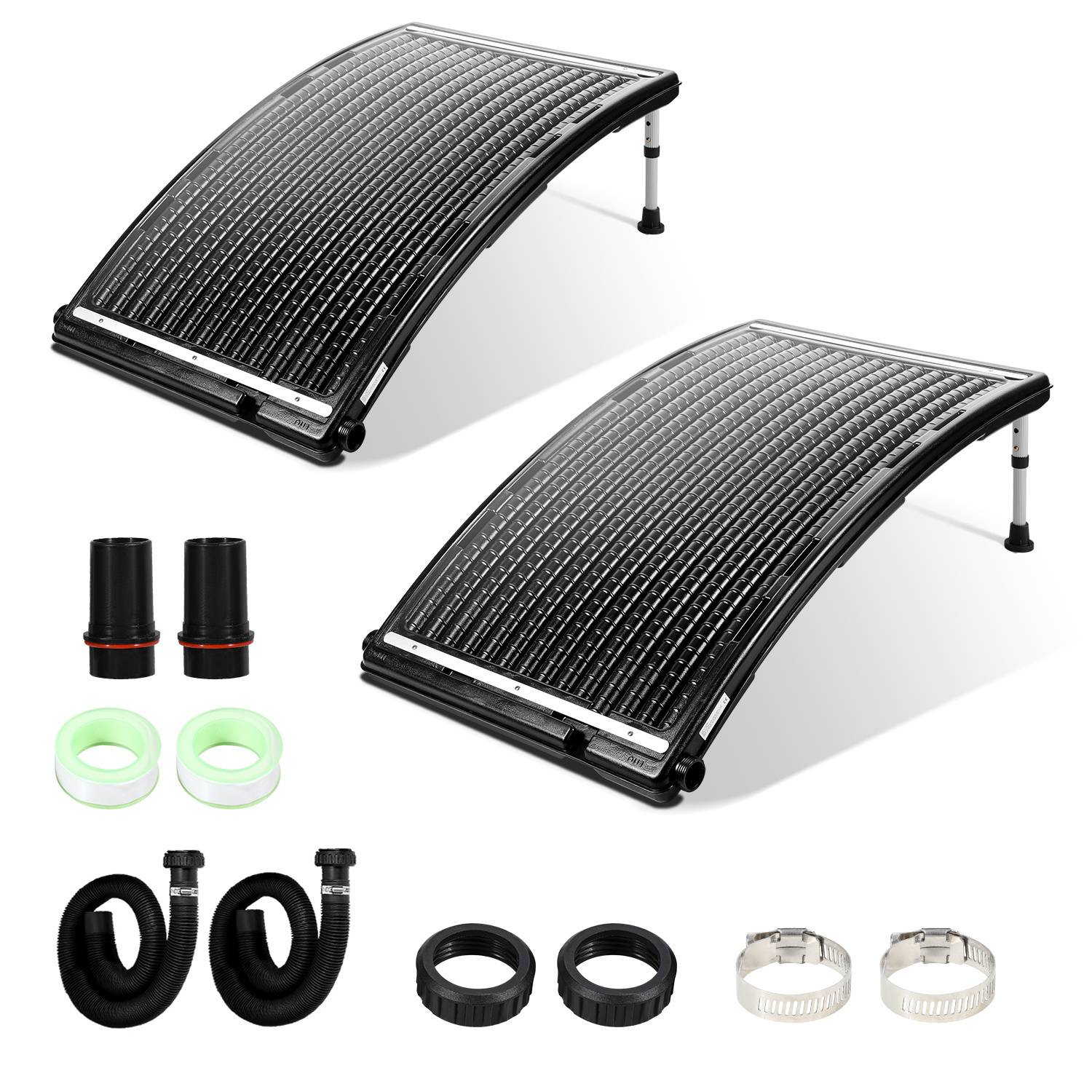 Zwei gekrümmte Solarpool-Heizer mit Montagebeine, Schläuchen und Klemmen ordentlich angeordnet, geeignet für Schwimmbadheizungslösungen.