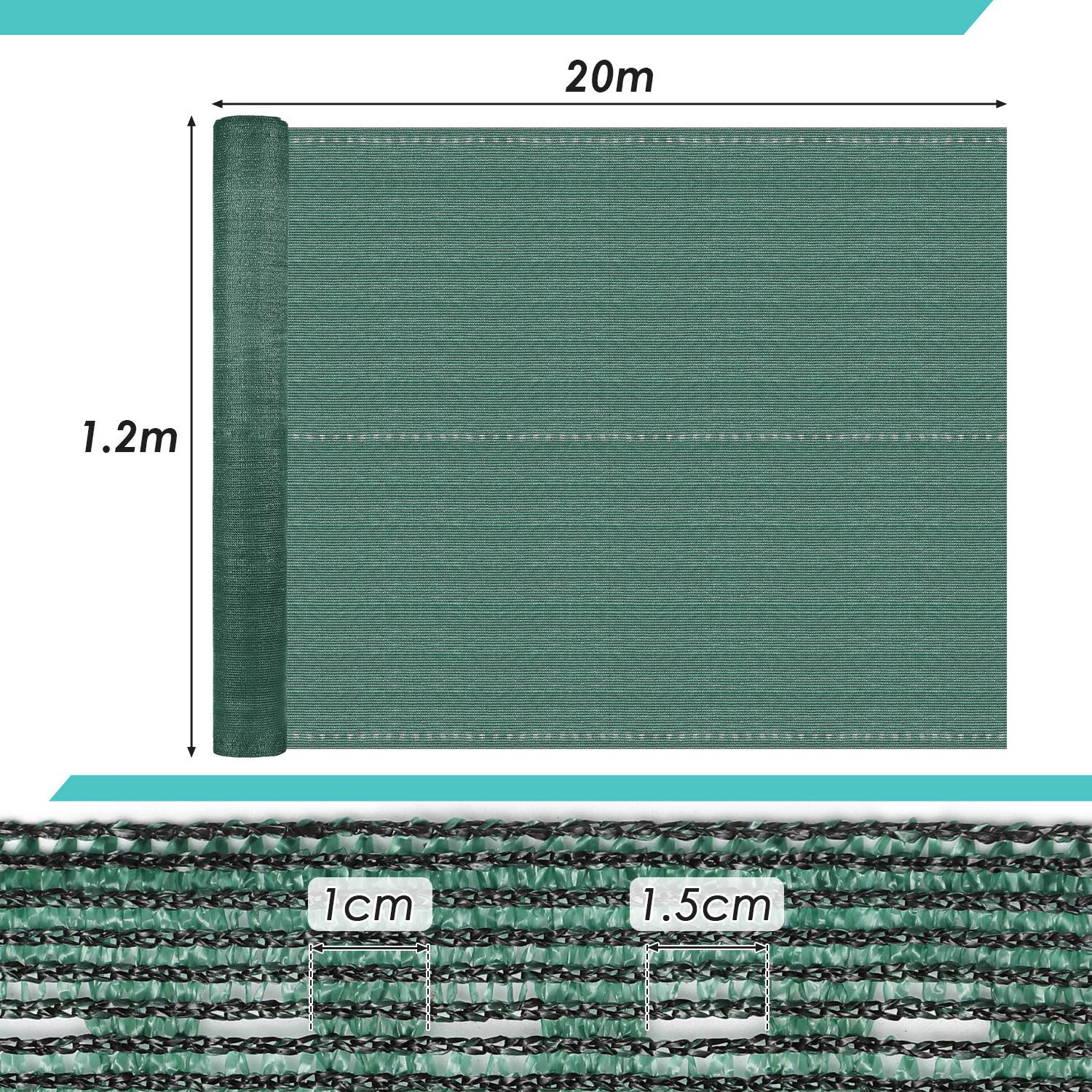 Eine Rolle grünes Maschengewebe mit den Abmessungen 1,2m x 20m. Das Gewebe weist ein Webmuster mit Öffnungen von etwa 1cm und 1,5cm Breite auf.